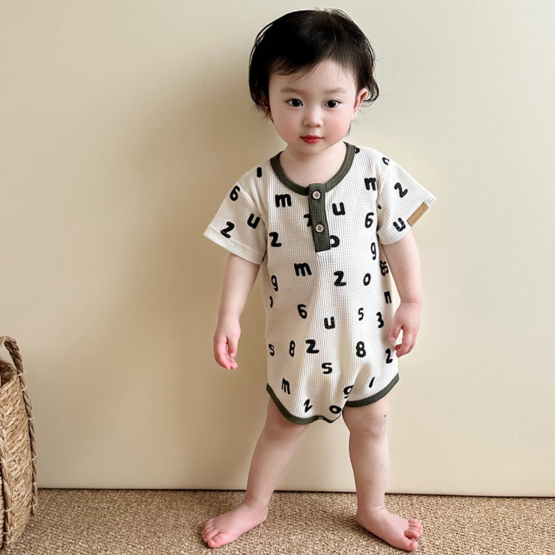 Baby unisex letters pattern round neck short-sleeve onesies in apricot color, perfect for summer wear.