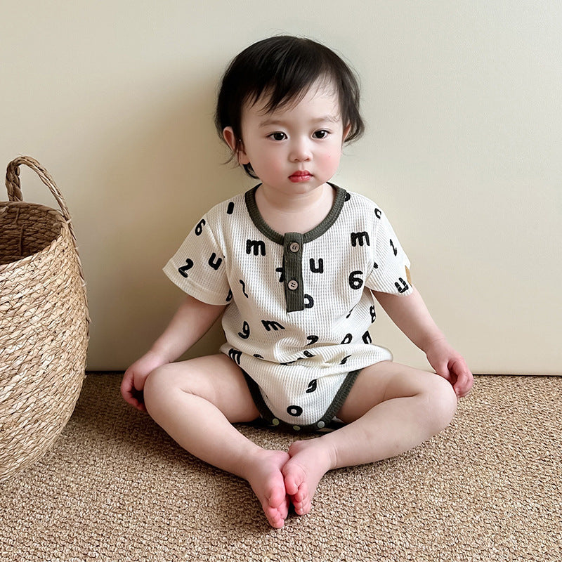 Baby unisex letters pattern round neck short-sleeve onesies in apricot color, perfect for summer wear.