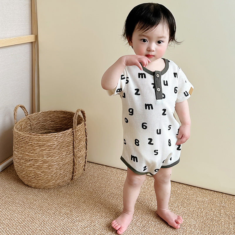 Baby unisex letters pattern round neck short-sleeve onesies in apricot color, perfect for summer wear.