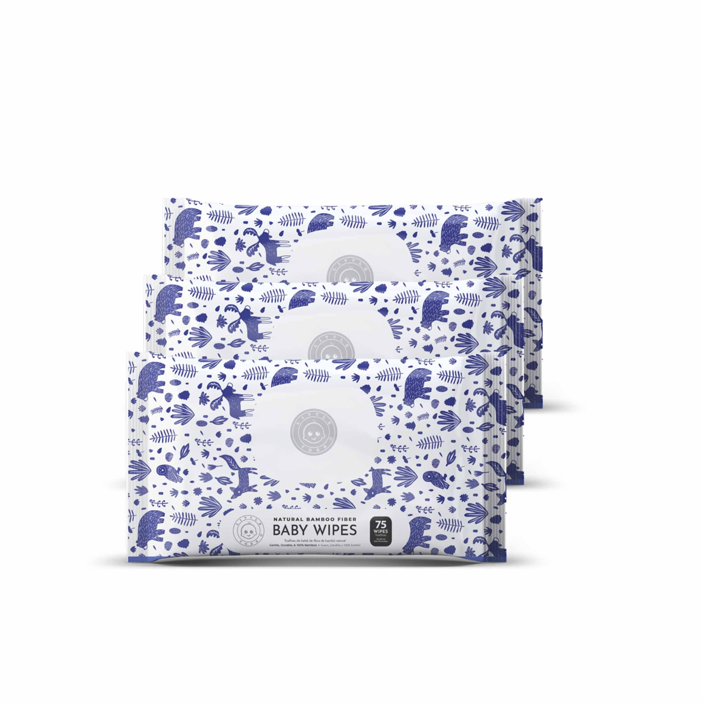 A pack of 75 Bamboo Fiber Baby Wipes in woodland design, showcasing the soft and hypoallergenic wipes suitable for sensitive skin.