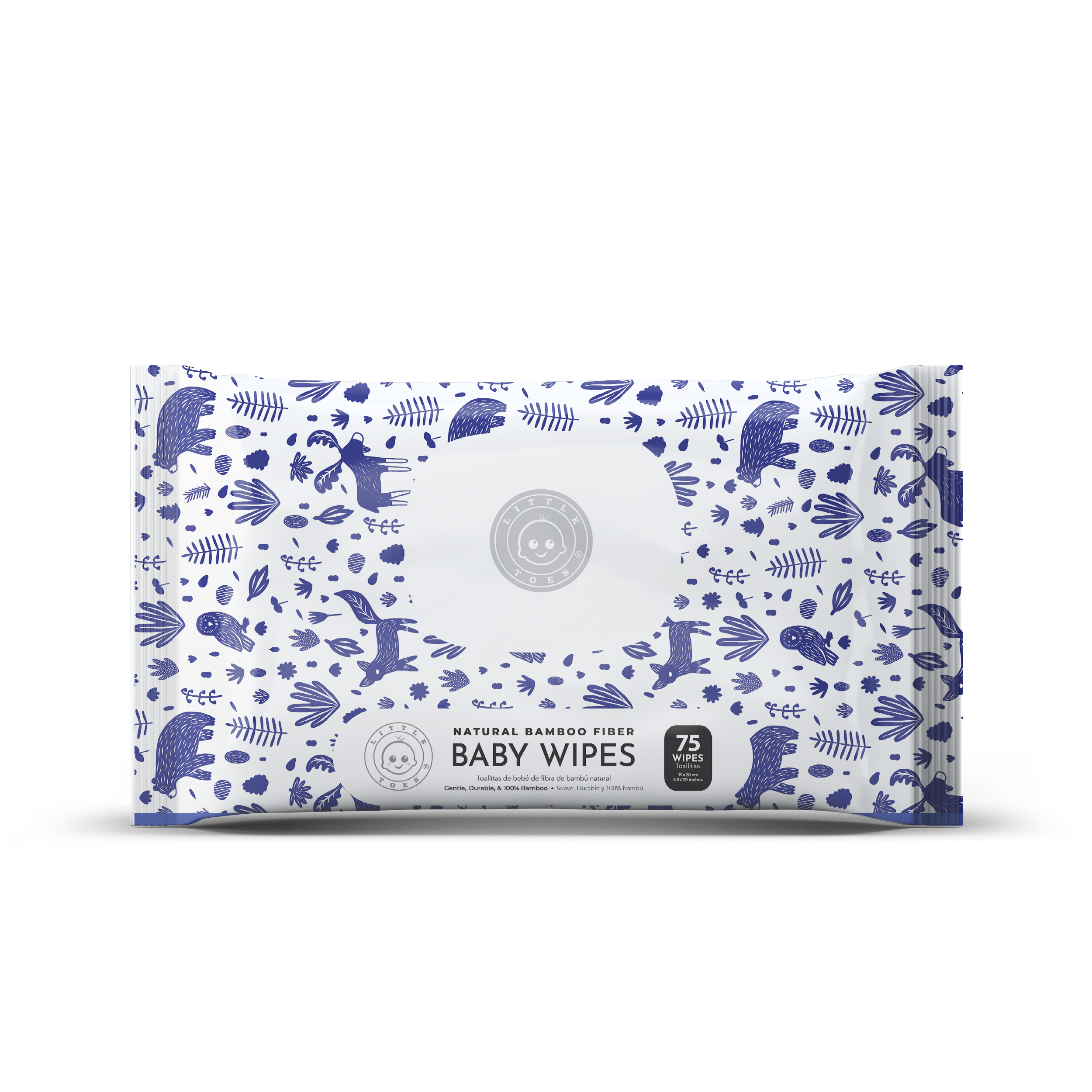 A pack of 75 Bamboo Fiber Baby Wipes in woodland design, showcasing the soft and hypoallergenic wipes suitable for sensitive skin.