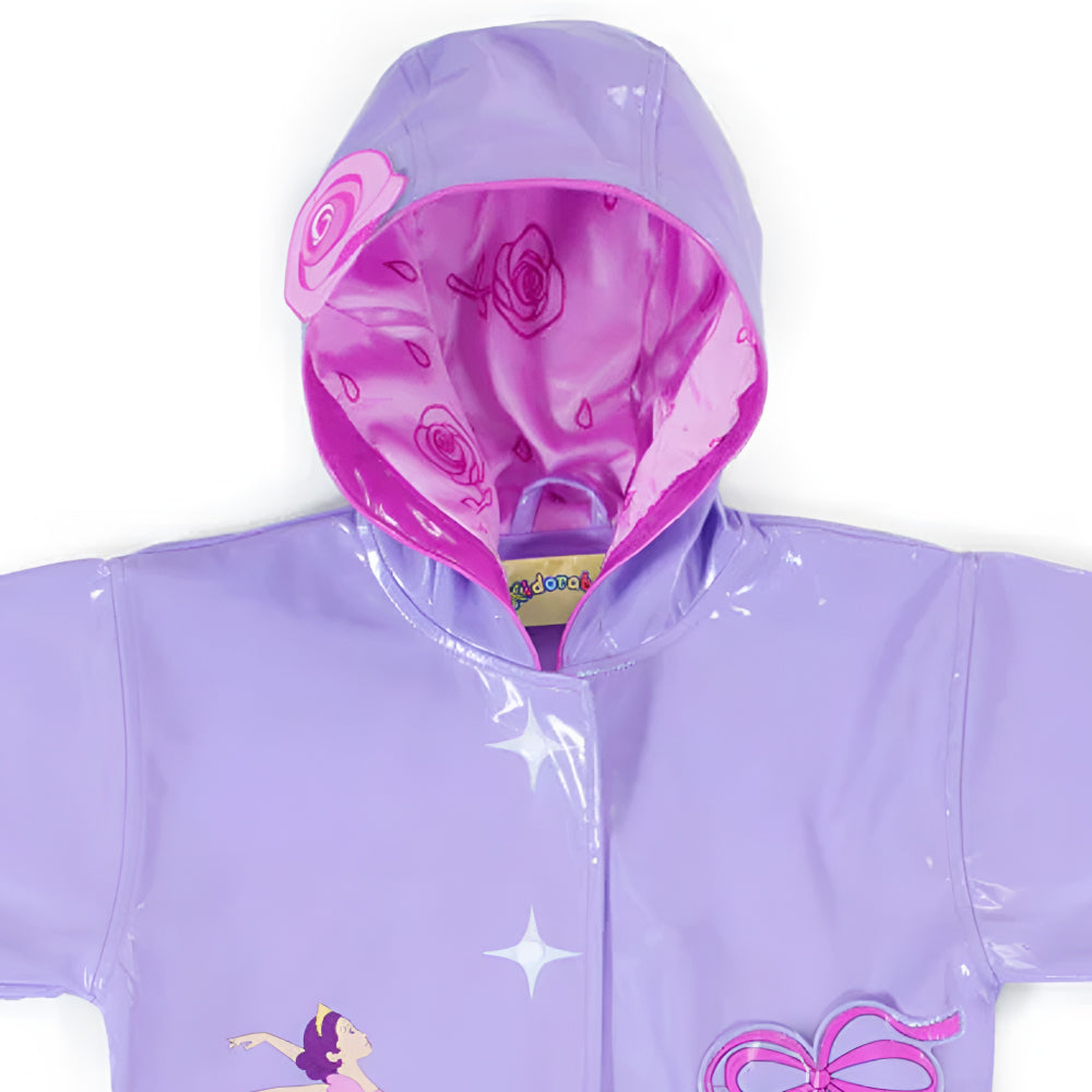 A colorful Ballerina Raincoat featuring a fun pointe shoes pocket, designed for little girls, made from premium quality materials.