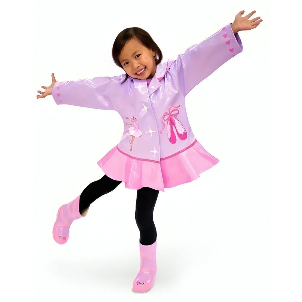 A colorful Ballerina Raincoat featuring a fun pointe shoes pocket, designed for little girls, made from premium quality materials.