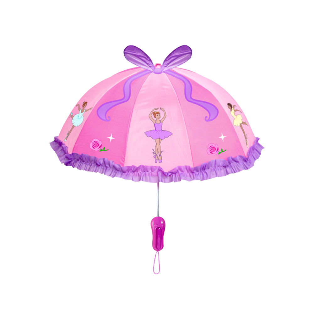 A colorful Ballerina Umbrella featuring a pointe shoe handle, designed for children, showcasing a playful ballerina theme.