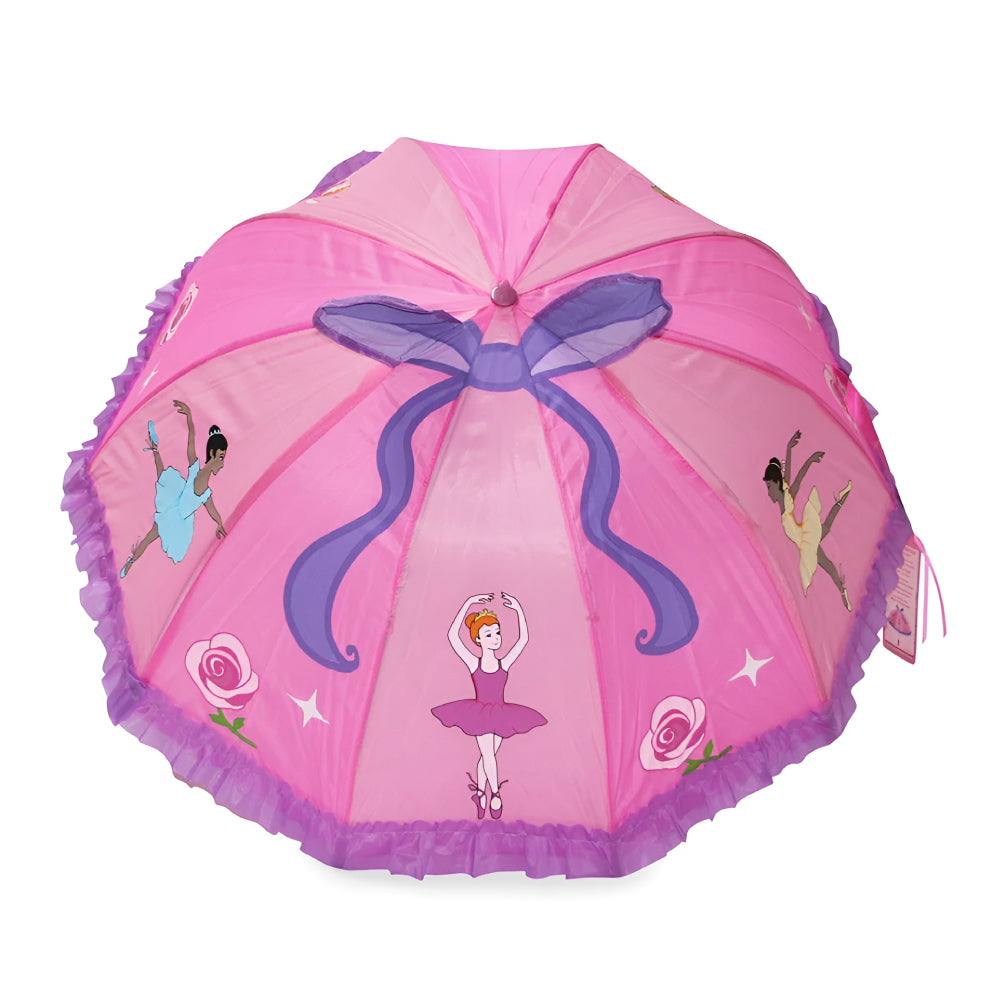 A colorful Ballerina Umbrella featuring a pointe shoe handle, designed for children, showcasing a playful ballerina theme.