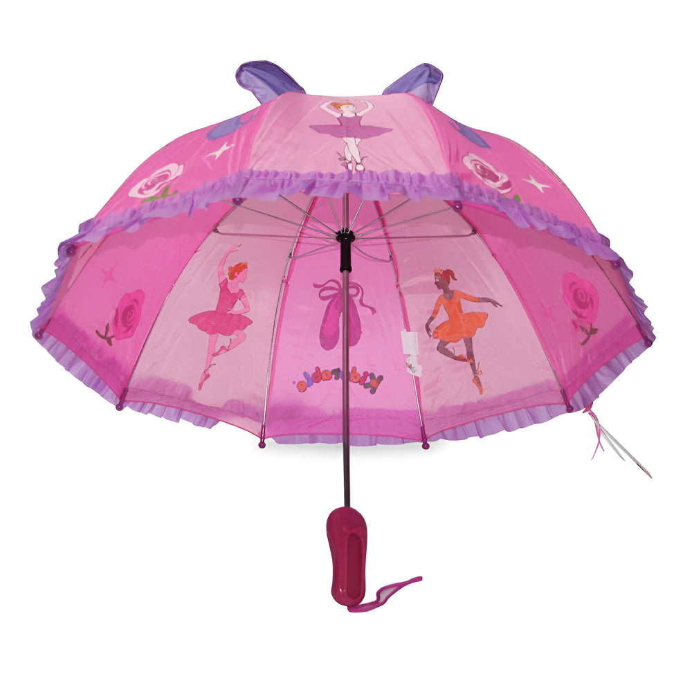 A colorful Ballerina Umbrella featuring a pointe shoe handle, designed for children, showcasing a playful ballerina theme.