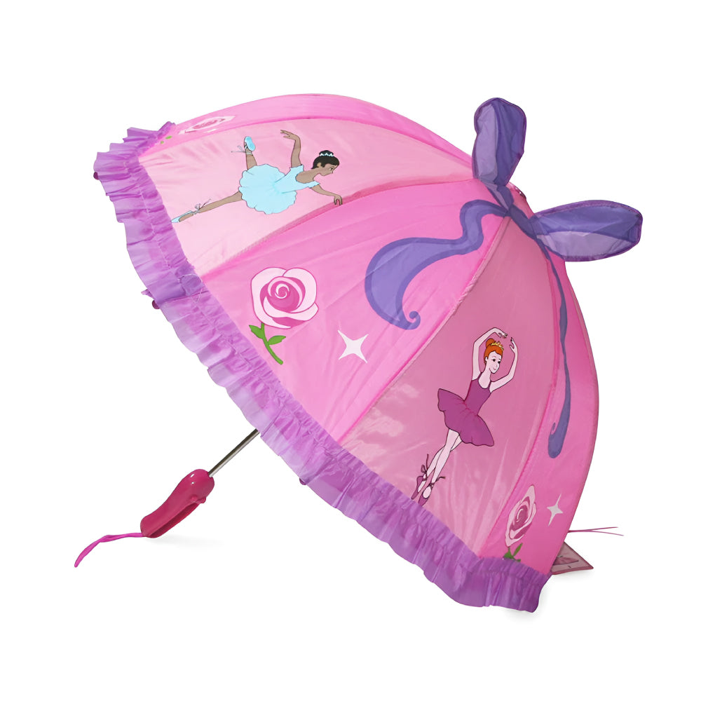 A colorful Ballerina Umbrella featuring a pointe shoe handle, designed for children, showcasing a playful ballerina theme.