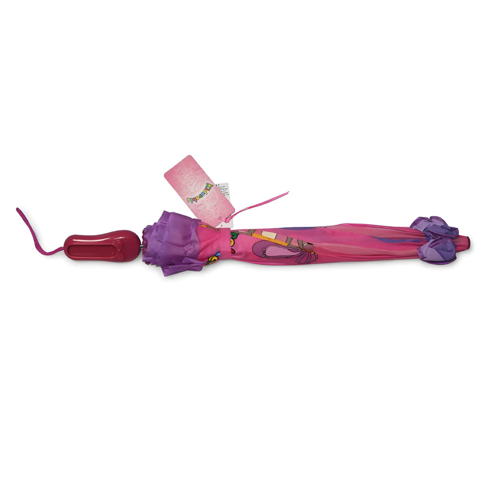 A colorful Ballerina Umbrella featuring a pointe shoe handle, designed for children, showcasing a playful ballerina theme.