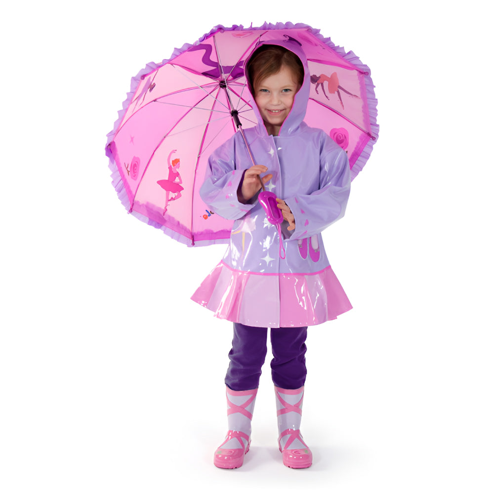 A colorful Ballerina Umbrella featuring a pointe shoe handle, designed for children, showcasing a playful ballerina theme.