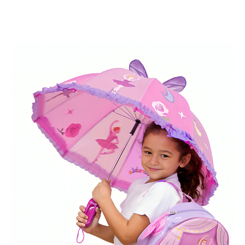 A colorful Ballerina Umbrella featuring a pointe shoe handle, designed for children, showcasing a playful ballerina theme.