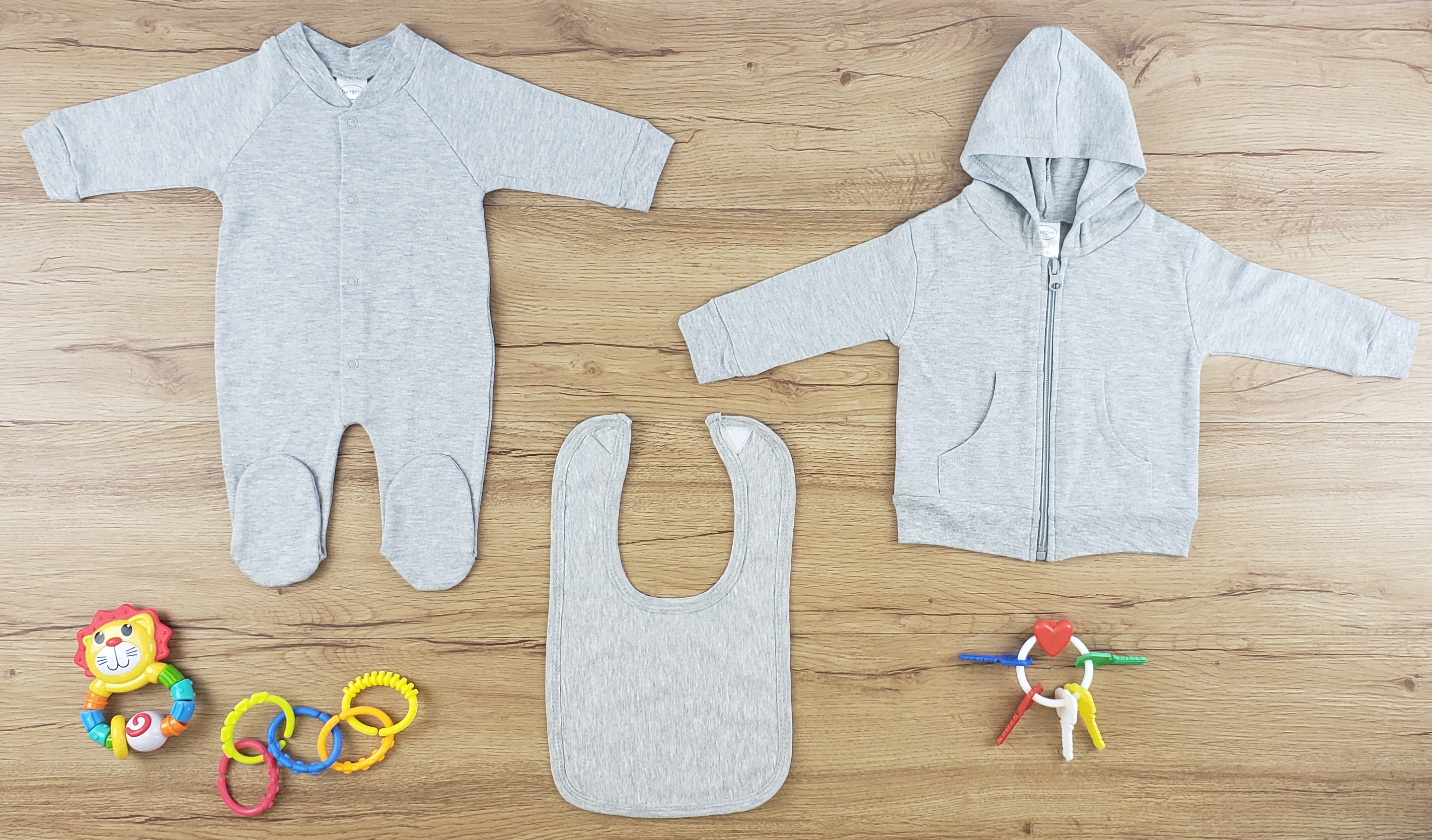 Bambini 3 Pc Layette Baby Clothes Set featuring soft cotton sleep & play, bib, and hoodie in heather grey.