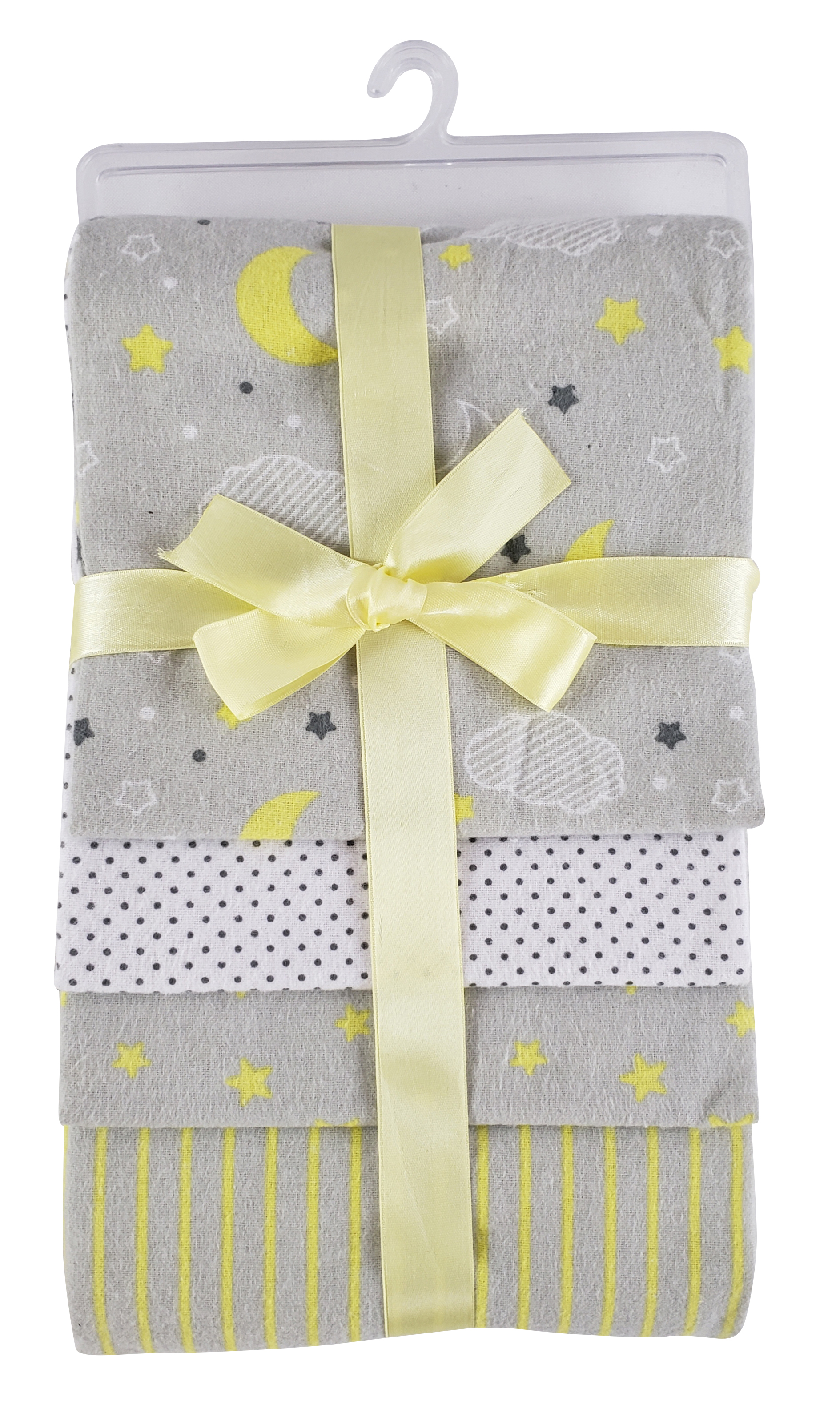 Bambini 4 Pack Yellow Flannel Receiving Blankets featuring soft cotton fabric and assorted prints in yellow and grey.