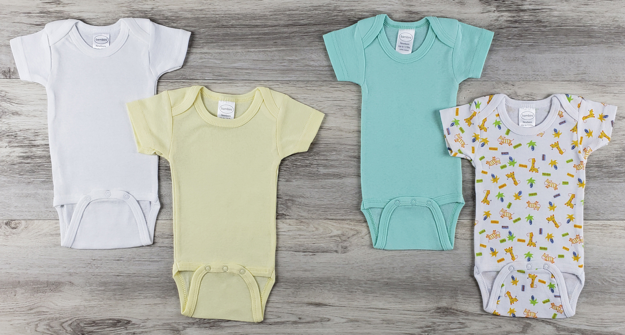 Bambini 4 Pc Layette Baby Clothes Set featuring soft cotton short sleeve bodysuits in various colors and prints.