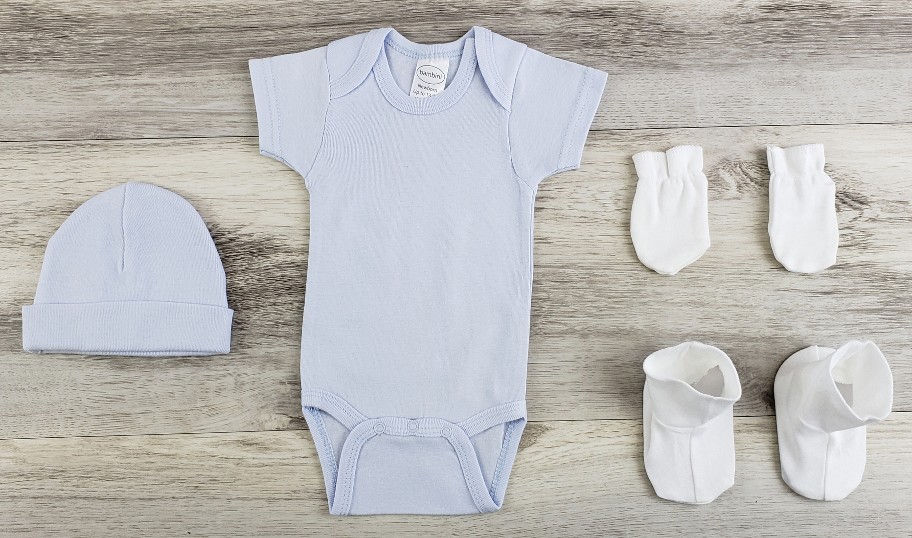 Bambini 5 Pc Layette Baby Clothes Set featuring a blue onesie, cap, mittens, and booties, all made from soft cotton for newborn comfort.