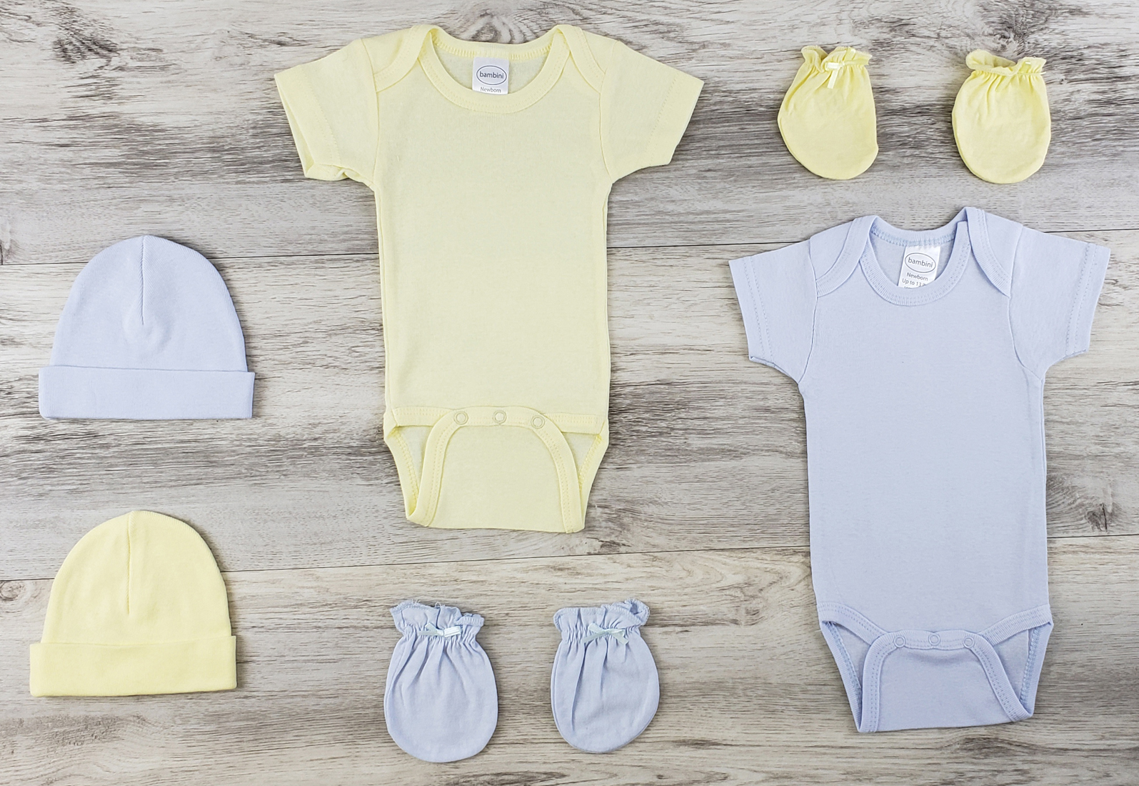 Bambini 6 Pc Layette Baby Clothes Set featuring soft cotton onesies, matching caps, and mittens in blue and yellow colors.