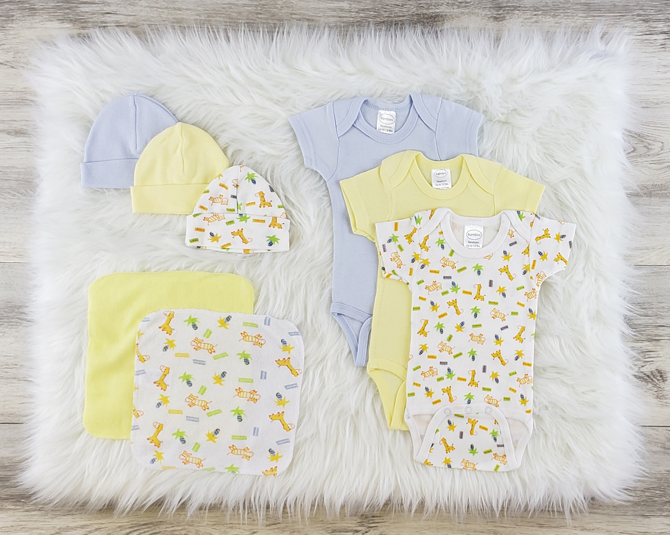 Bambini 8 Pc Layette Baby Clothes Set featuring soft cotton onesies and caps in various colors, perfect for newborns.