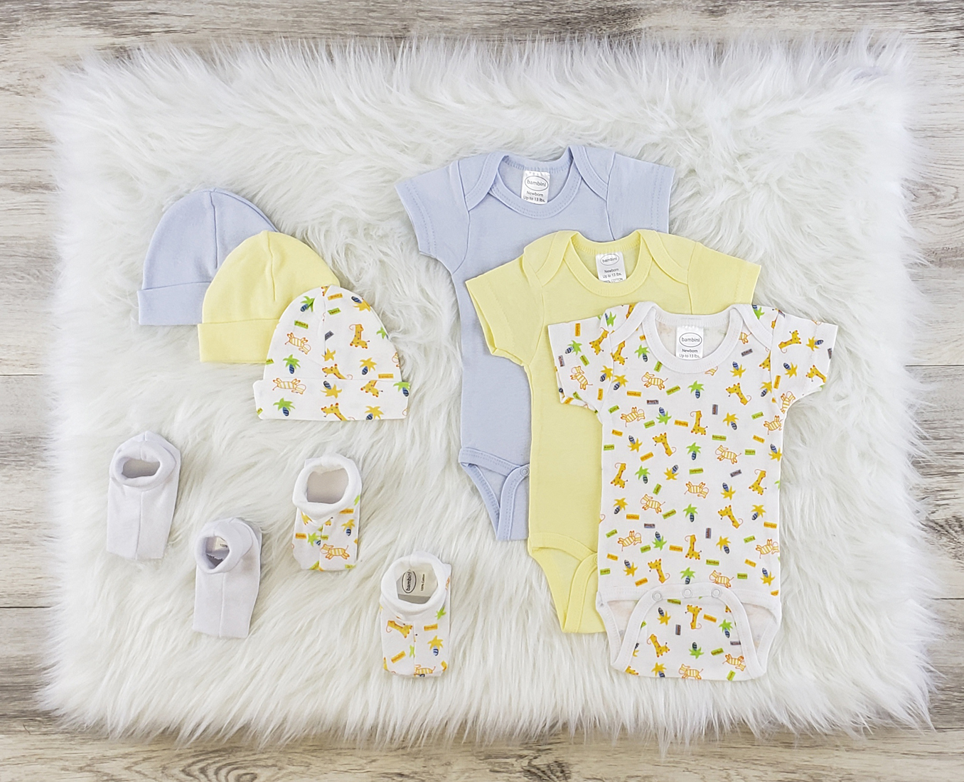 Bambini 8 Pc Layette Baby Clothes Set featuring soft cotton onesies, caps, and booties in various colors for newborns.