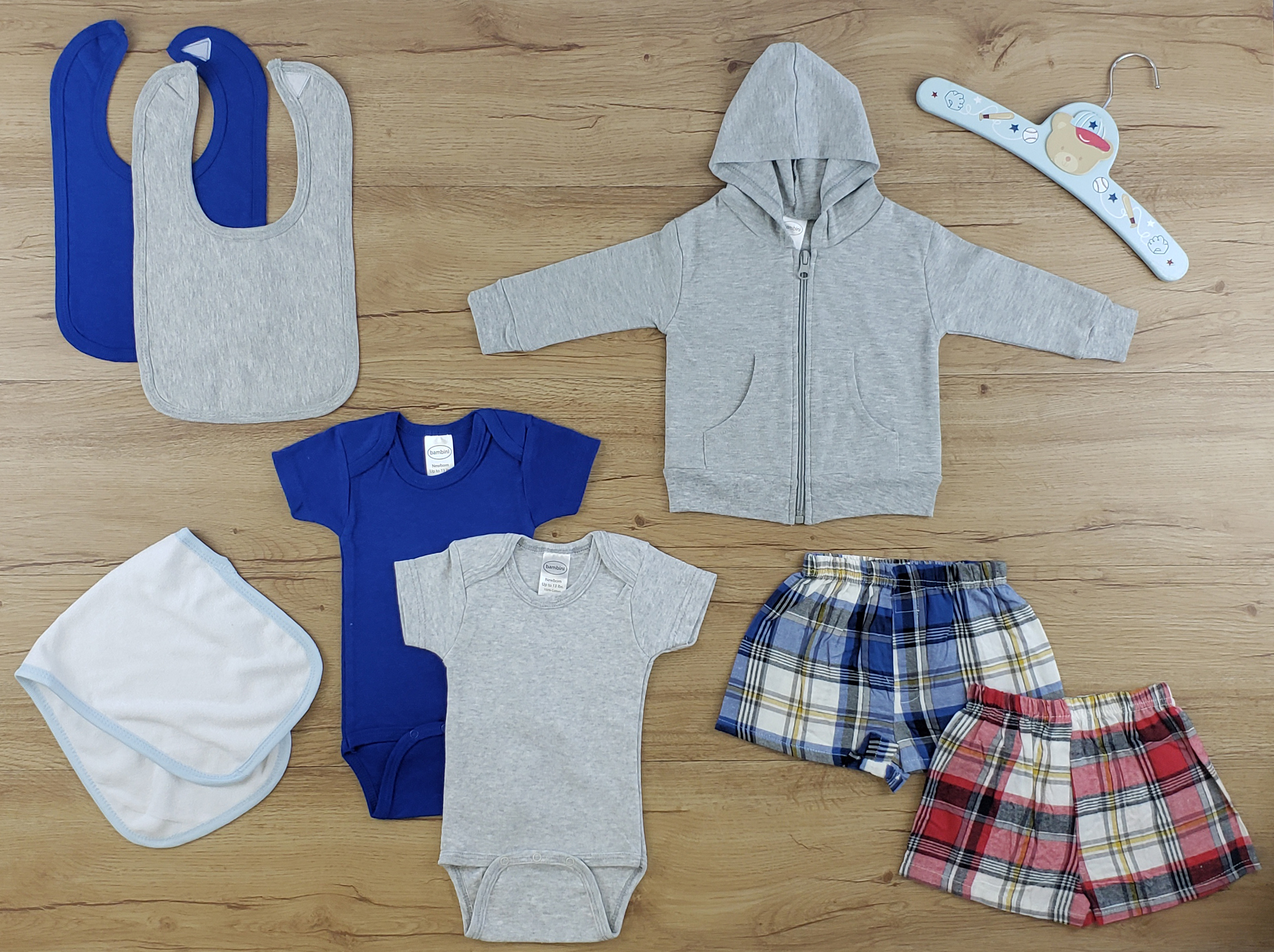 Bambini 8 Pc Layette Baby Clothes Set featuring soft cotton onesies, bibs, and a hoodie in grey and blue colors, perfect for newborns.