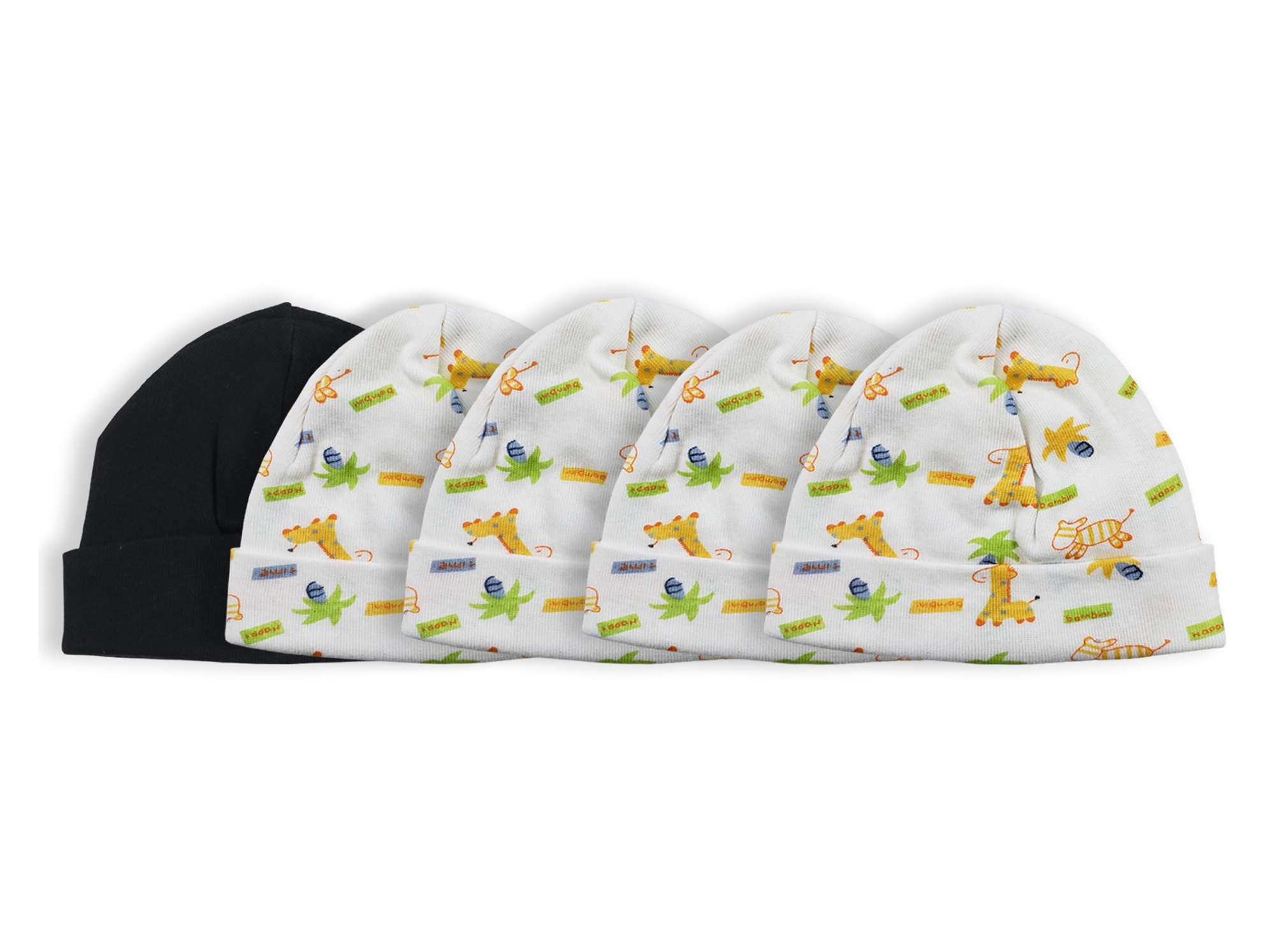 Five colorful Bambini baby caps made of soft cotton, perfect for infants and newborns, showcasing their stretchy and comfortable design.