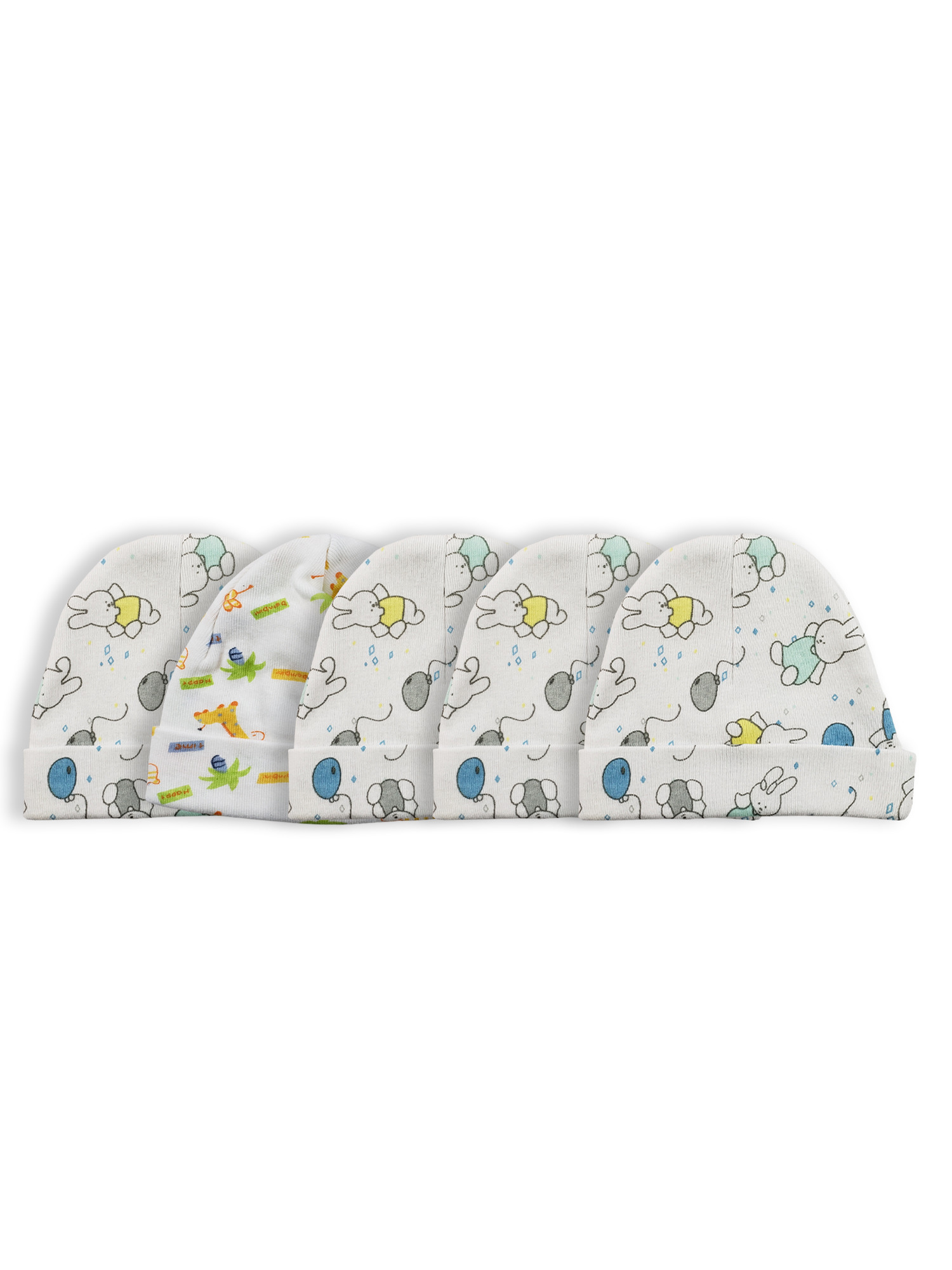 Bambini Baby Cap pack of 5, featuring soft cotton beanies in various colors, perfect for infants.