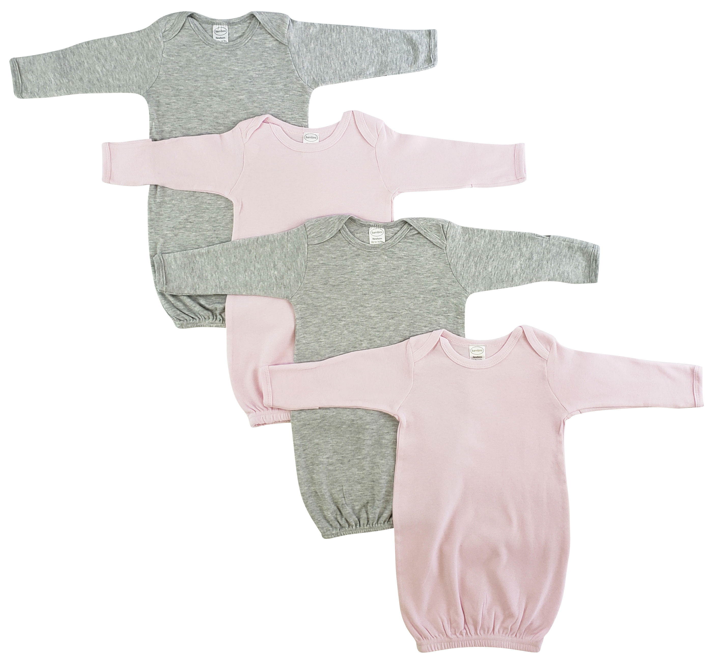 Bambini Baby Girl Shower Gift Set featuring soft cotton infant gowns in heather grey and pink, perfect for newborns.