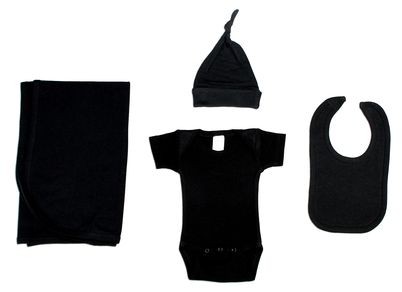 Bambini Black 4 Piece Layette Set including a receiving blanket, onesie, bib, and baby cap, all made from soft cotton.