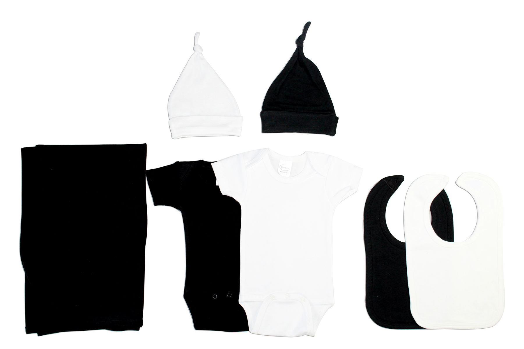 Bambini Black and White 7 Piece Layette Set including receiving blanket, onesies, bibs, and baby cap, all made from soft cotton.