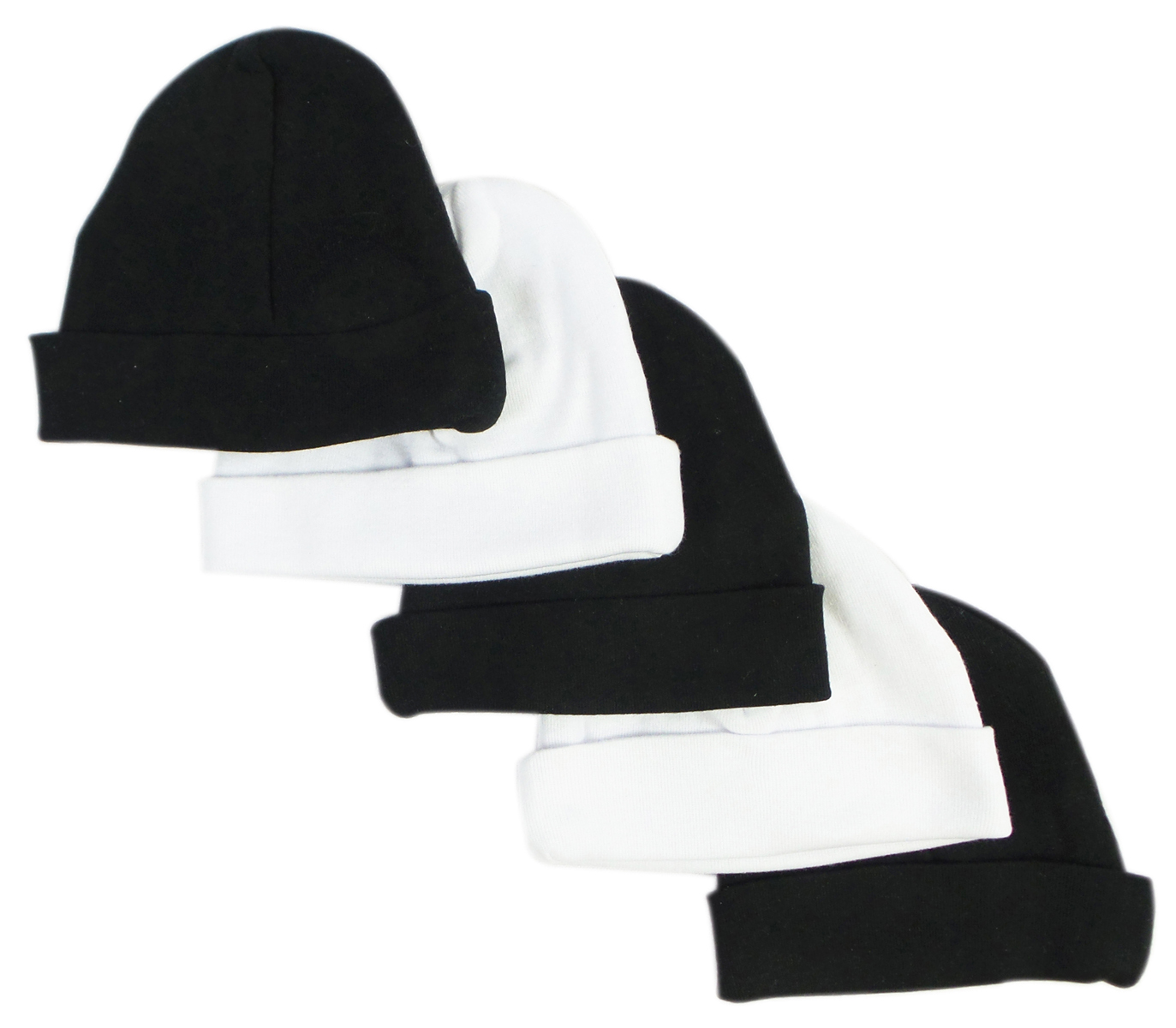 A pack of 5 Bambini black and white baby caps, showcasing their soft cotton material and stretchy design, perfect for infants.