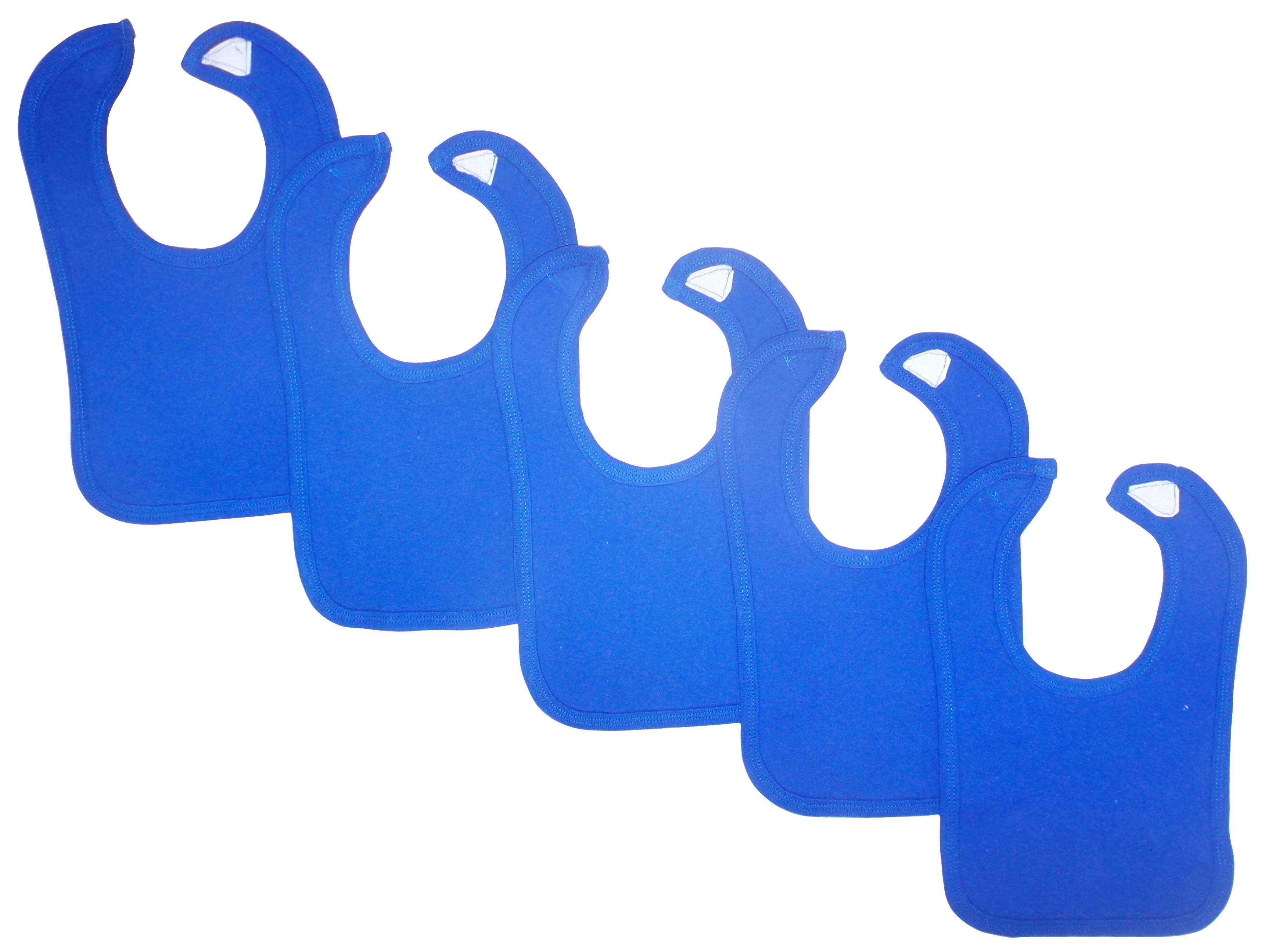 A pack of five Bambini Blue Baby Bibs featuring a vibrant blue color and hook and loop fasteners for easy use.