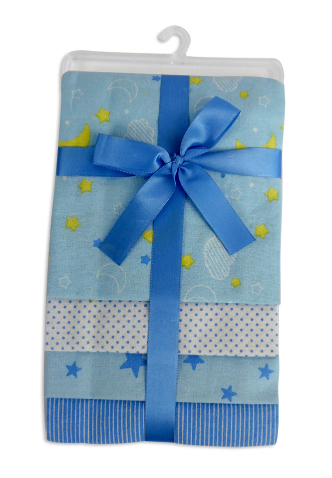 Bambini Blue Four Pack Receiving Blanket featuring assorted blue prints, made of soft 100% cotton flannel, ideal for babies.