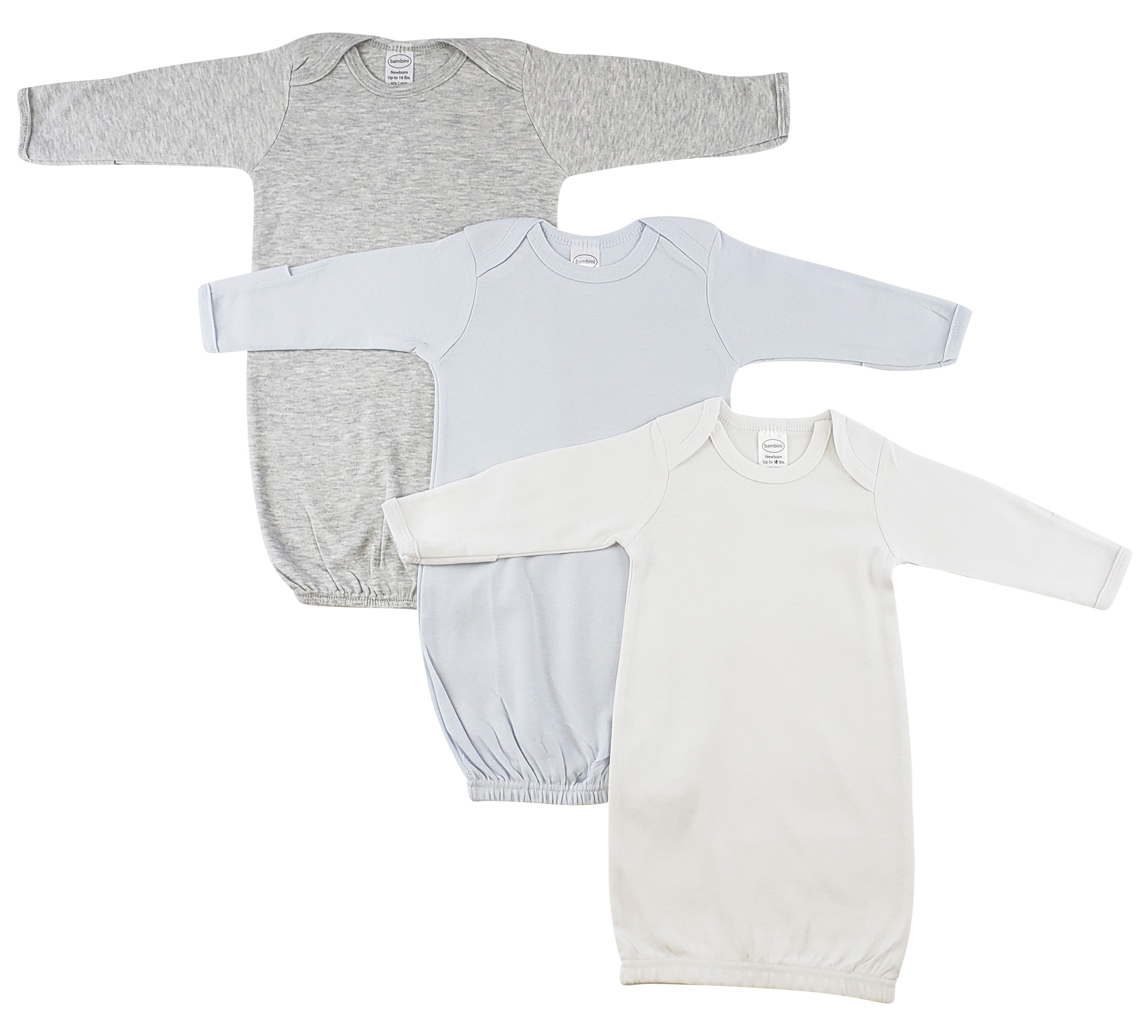 Bambini Boy Newborn Baby 3 Piece Gown Set featuring soft cotton gowns in grey, blue, and white.