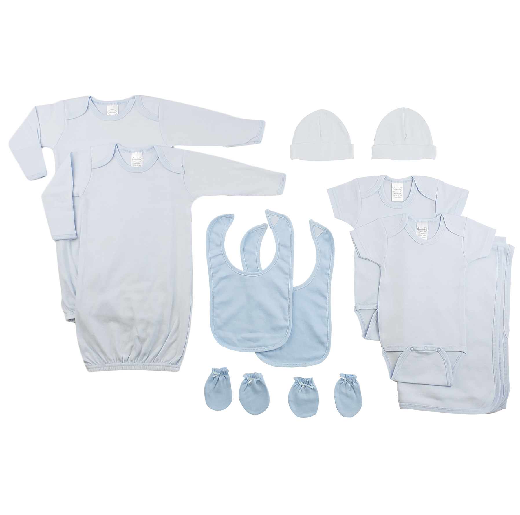 Bambini Boys 11 Piece Layette Set featuring soft cotton infant clothing including gowns, onesies, bibs, mittens, caps, and a receiving blanket in blue.