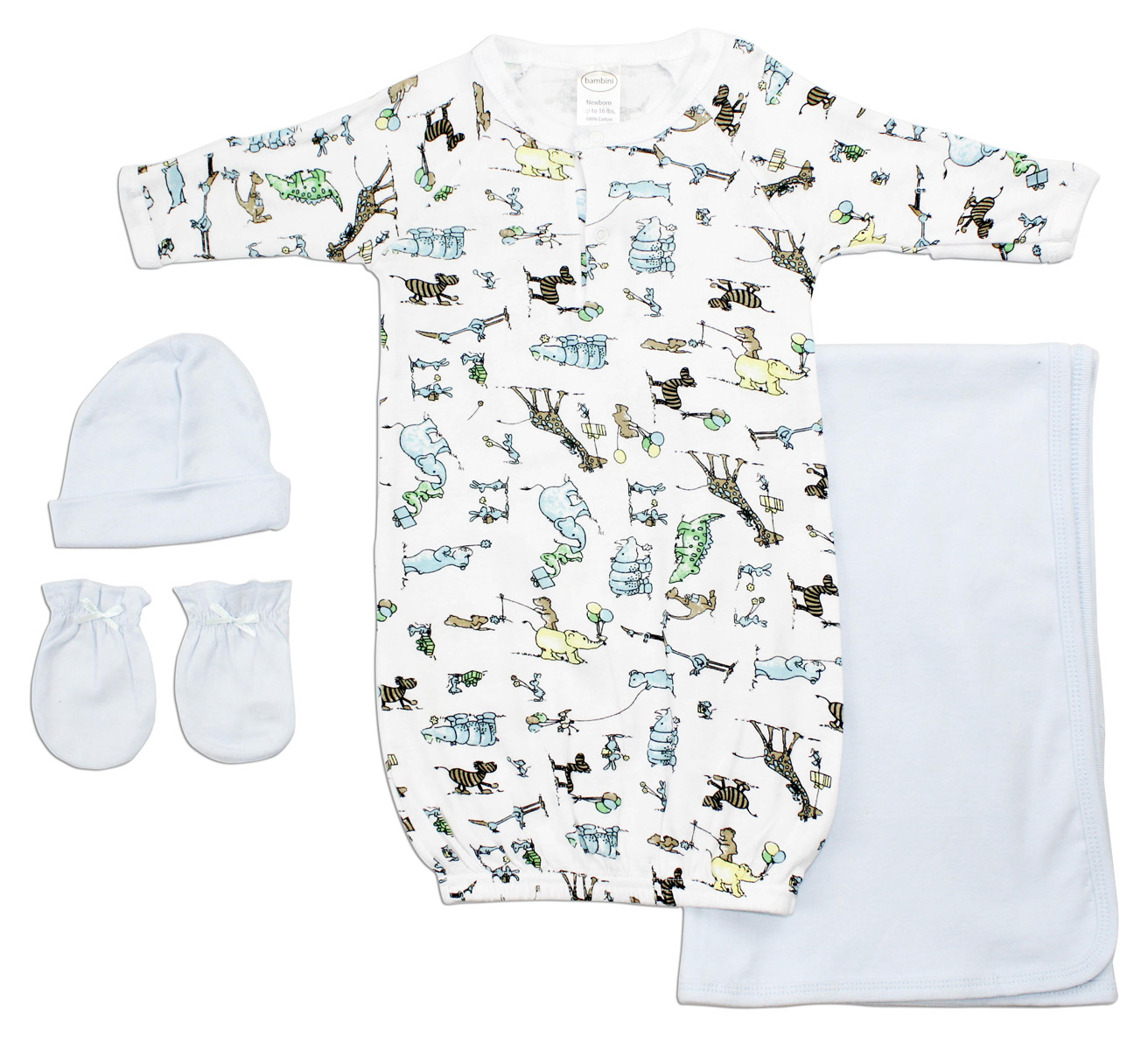 Bambini Boys' 4 Piece Layette Set featuring a unisex print gown, blue baby cap, mittens, and receiving blanket, all made from soft cotton.