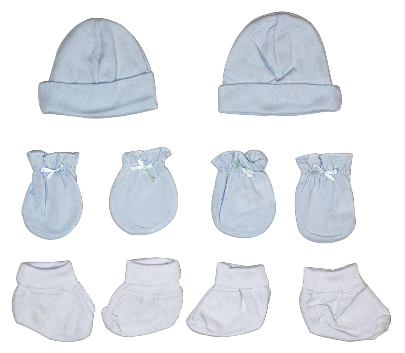 Bambini Boys 6 Piece Layette Set featuring soft cotton baby clothes including a cap, mittens, and booties in blue and white.