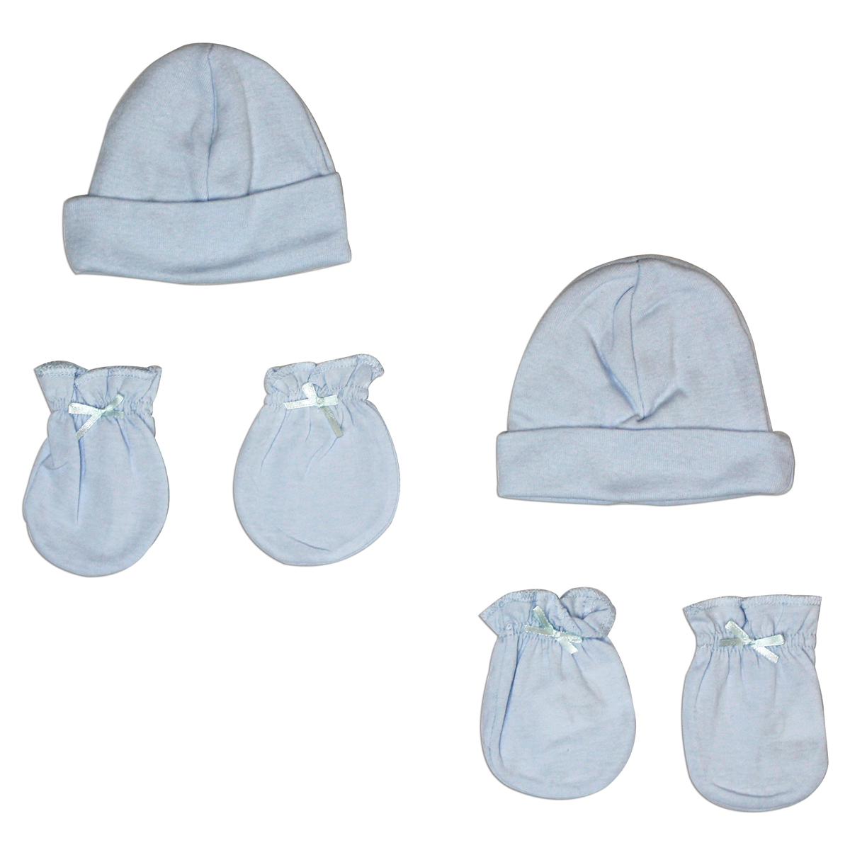 Bambini Boys' Cap and Mittens Set featuring soft blue cotton cap and mittens, perfect for newborns.