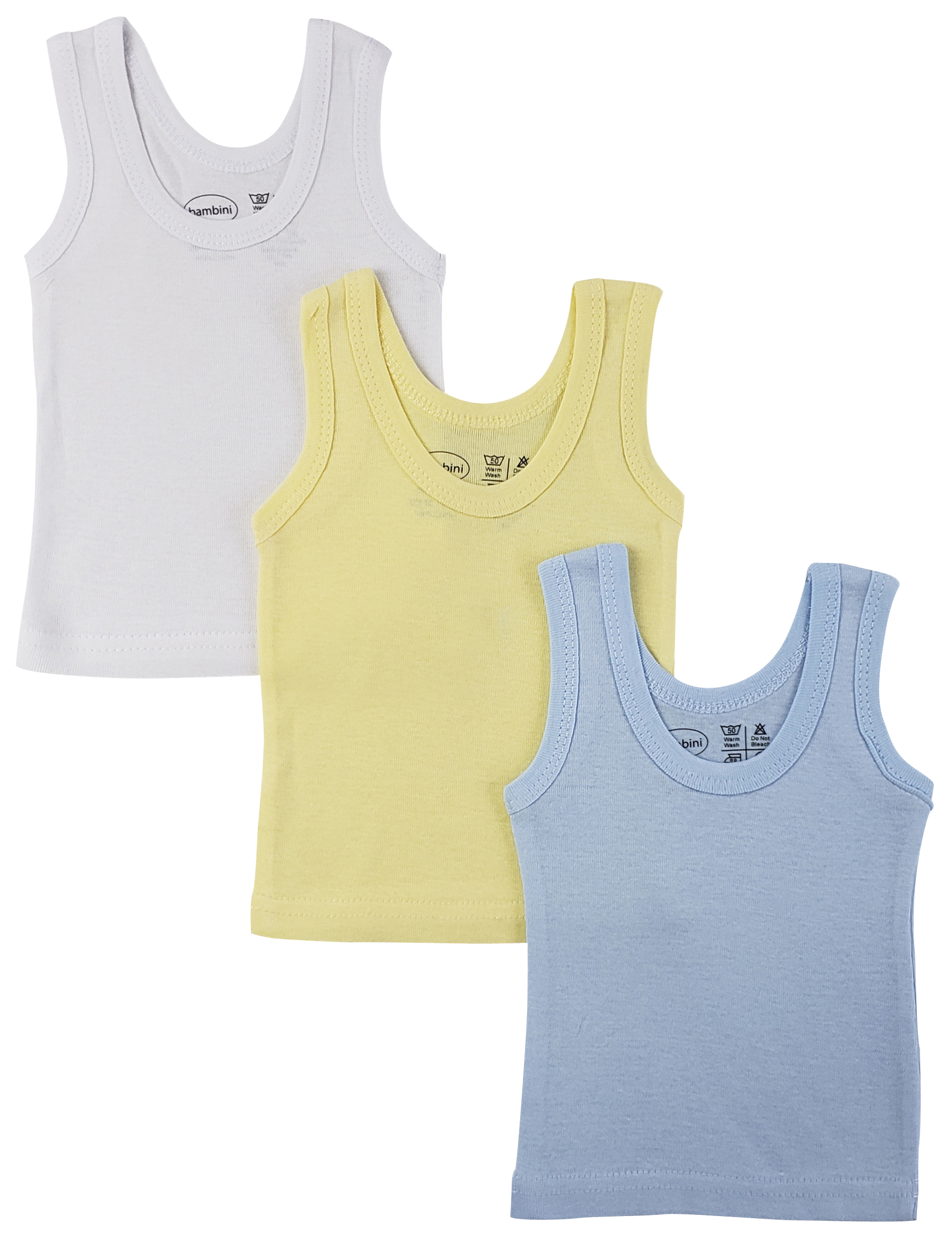 Bambini Boys Pastel Tank Top 3 Pack featuring soft cotton fabric in various pastel colors, perfect for spring wear.