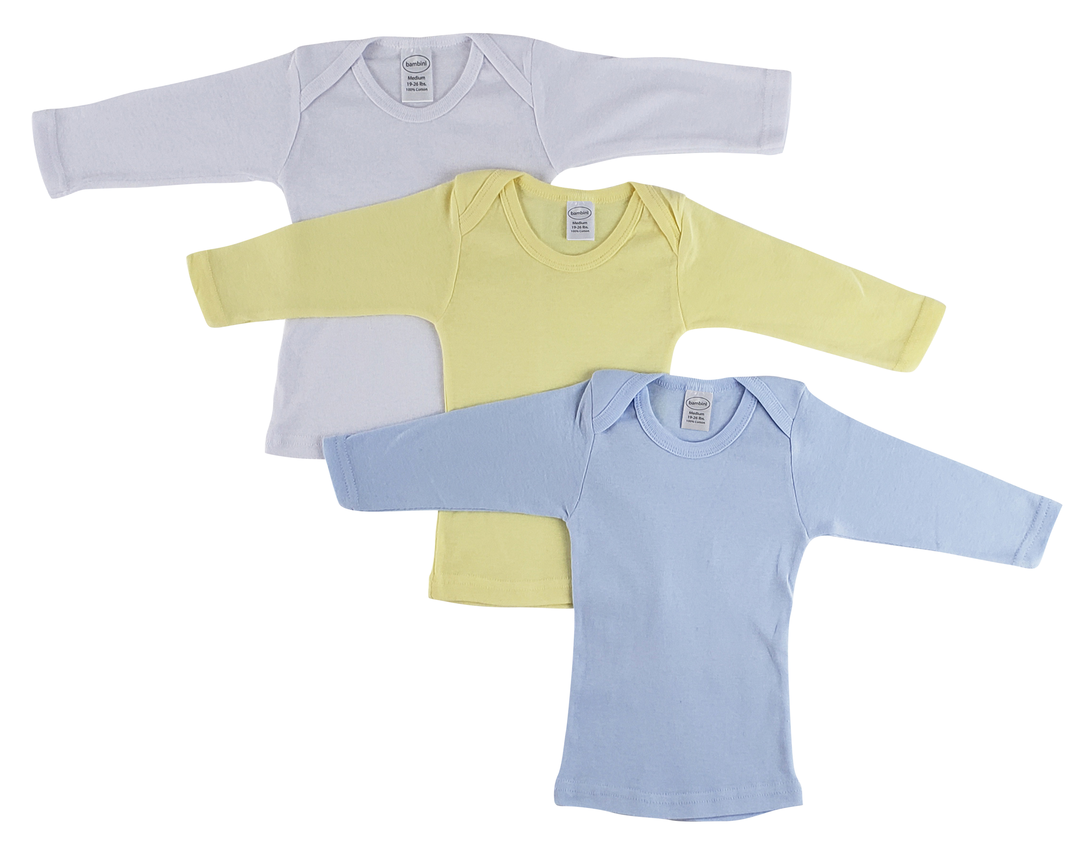 Bambini Boys Pastel Long Sleeve Lap T-shirts in various pastel colors, showcasing the snap button shoulder design and soft cotton fabric.