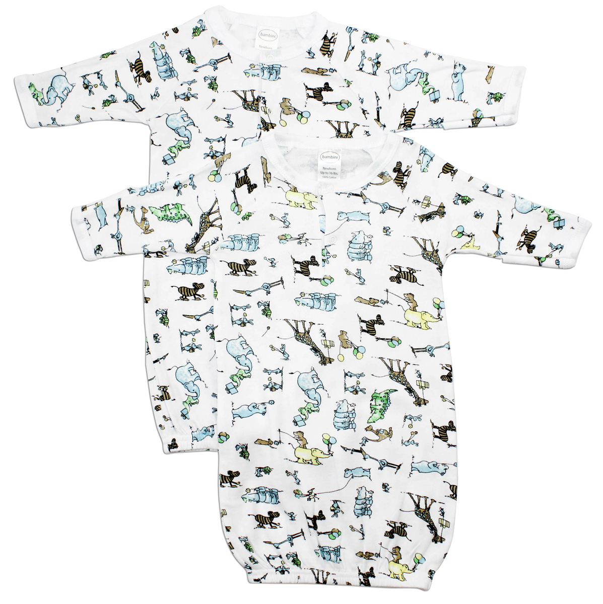 Bambini Boys Print Infant Gowns in assorted pastel colors with long sleeves and mitten cuffs, perfect for keeping babies warm.