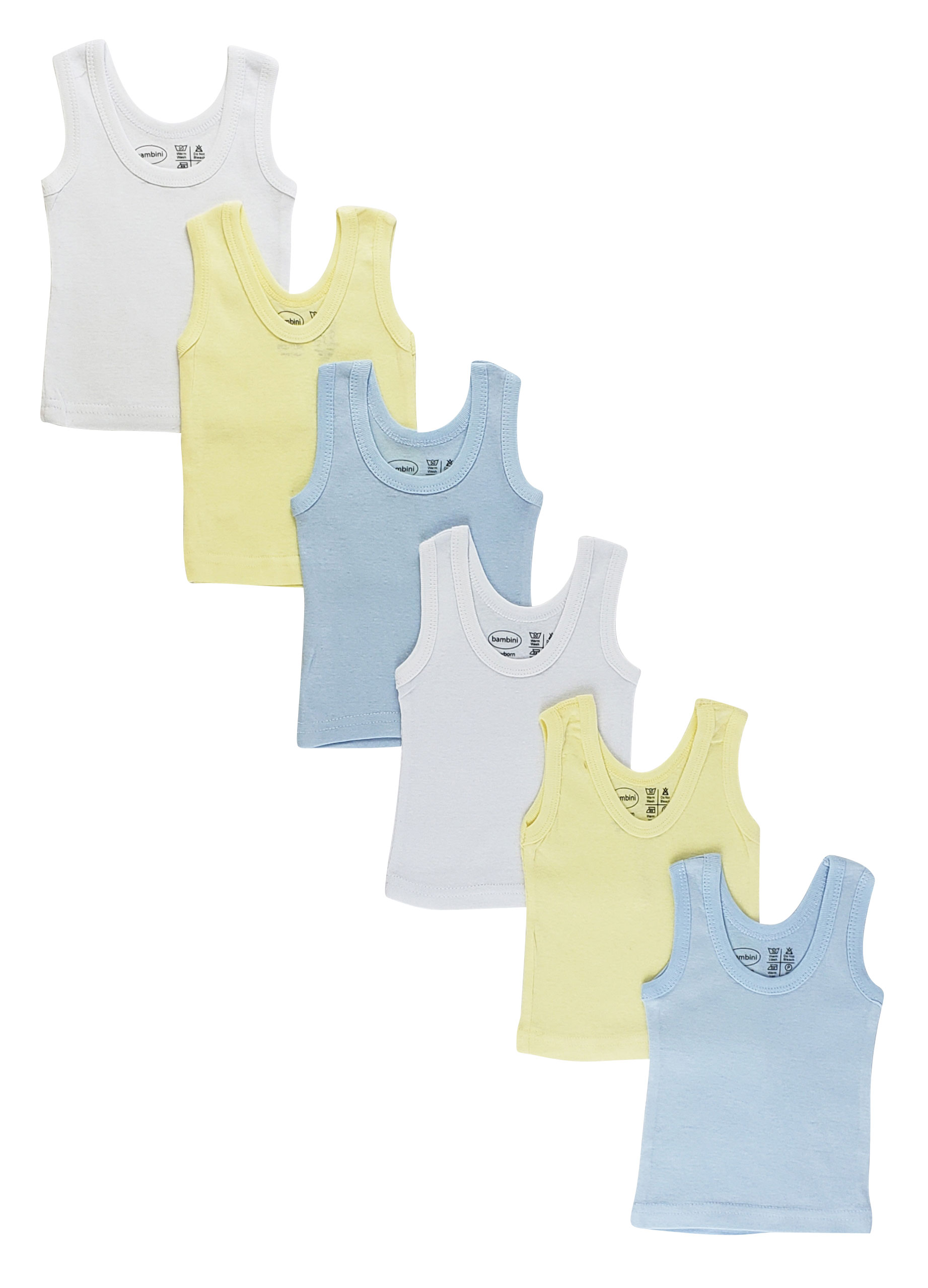 Bambini Boys' Six Pack Pastel Tank Tops in various pastel colors, showcasing soft cotton rib knit fabric, perfect for spring wear.