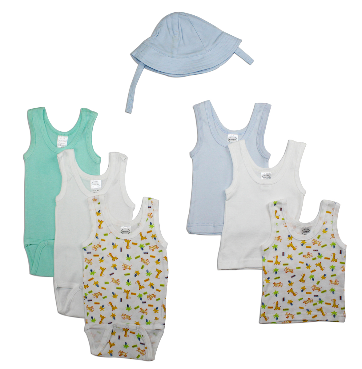 Bambini Boys' Summer 7 Piece Layette Set featuring soft cotton clothing, including a sun hat and tank tops in pastel colors.