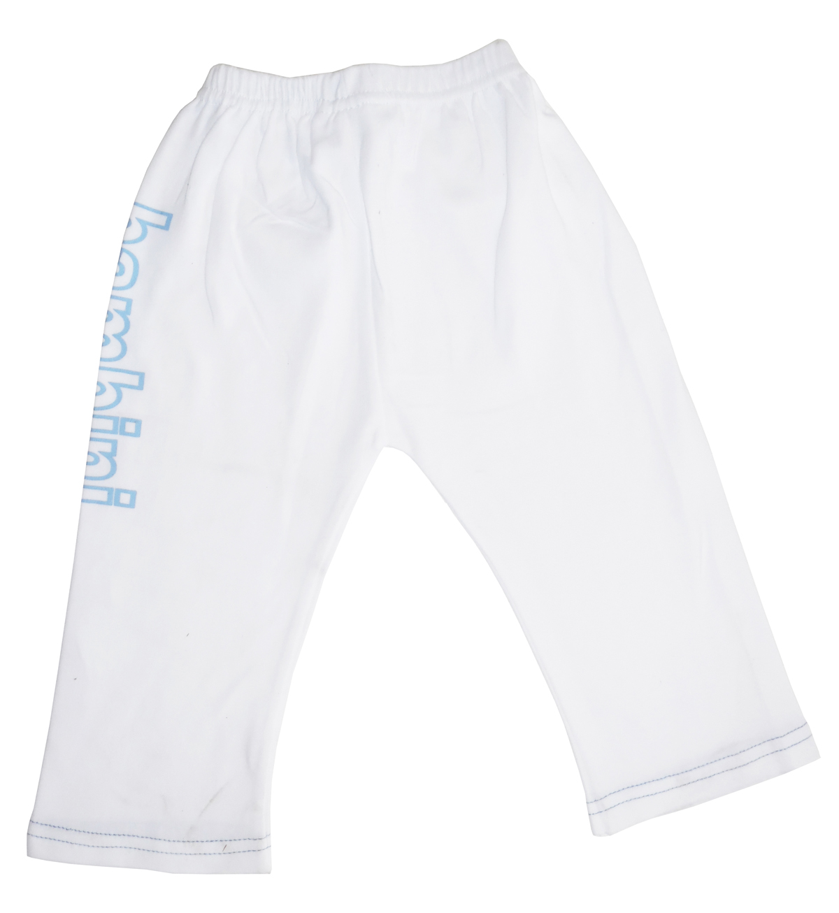 Bambini Boys White Pants with Print, featuring a covered elastic waist and open-ankle design, made from soft cotton fabric.