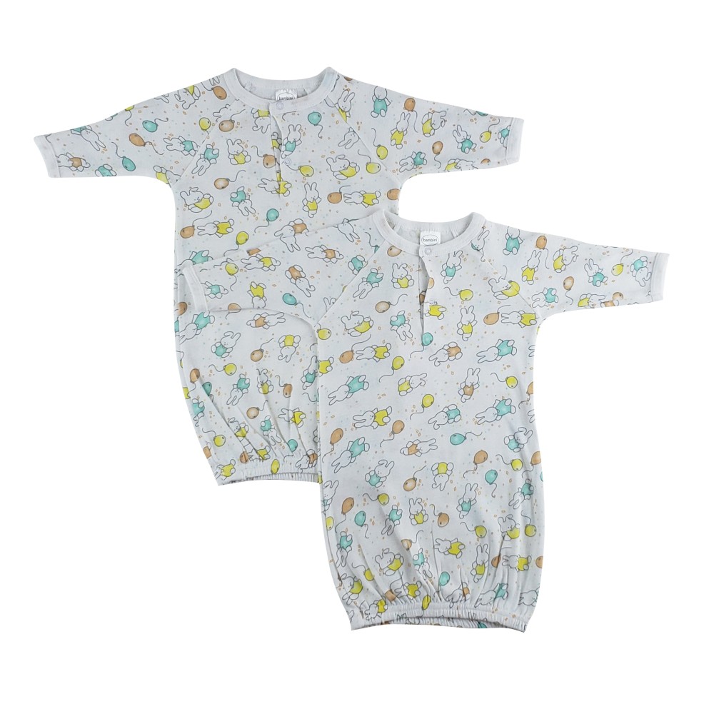 Bambini Bunny Print Infant Gowns in soft cotton with mitten cuffs, featuring a cute bunny design, ideal for newborns.