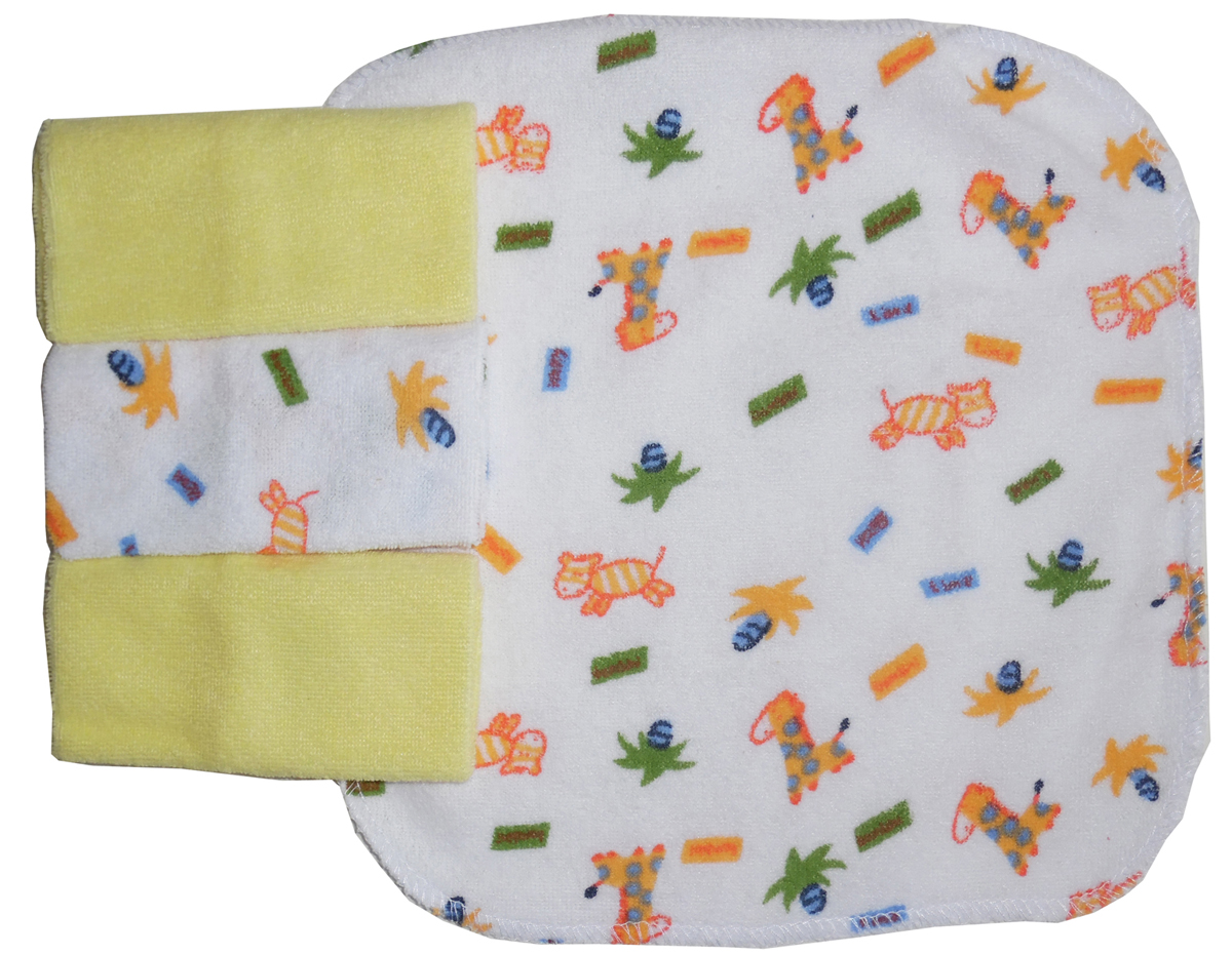 Bambini Four Piece Wash Cloth Set featuring soft yellow cloths with assorted prints, ideal for infants.