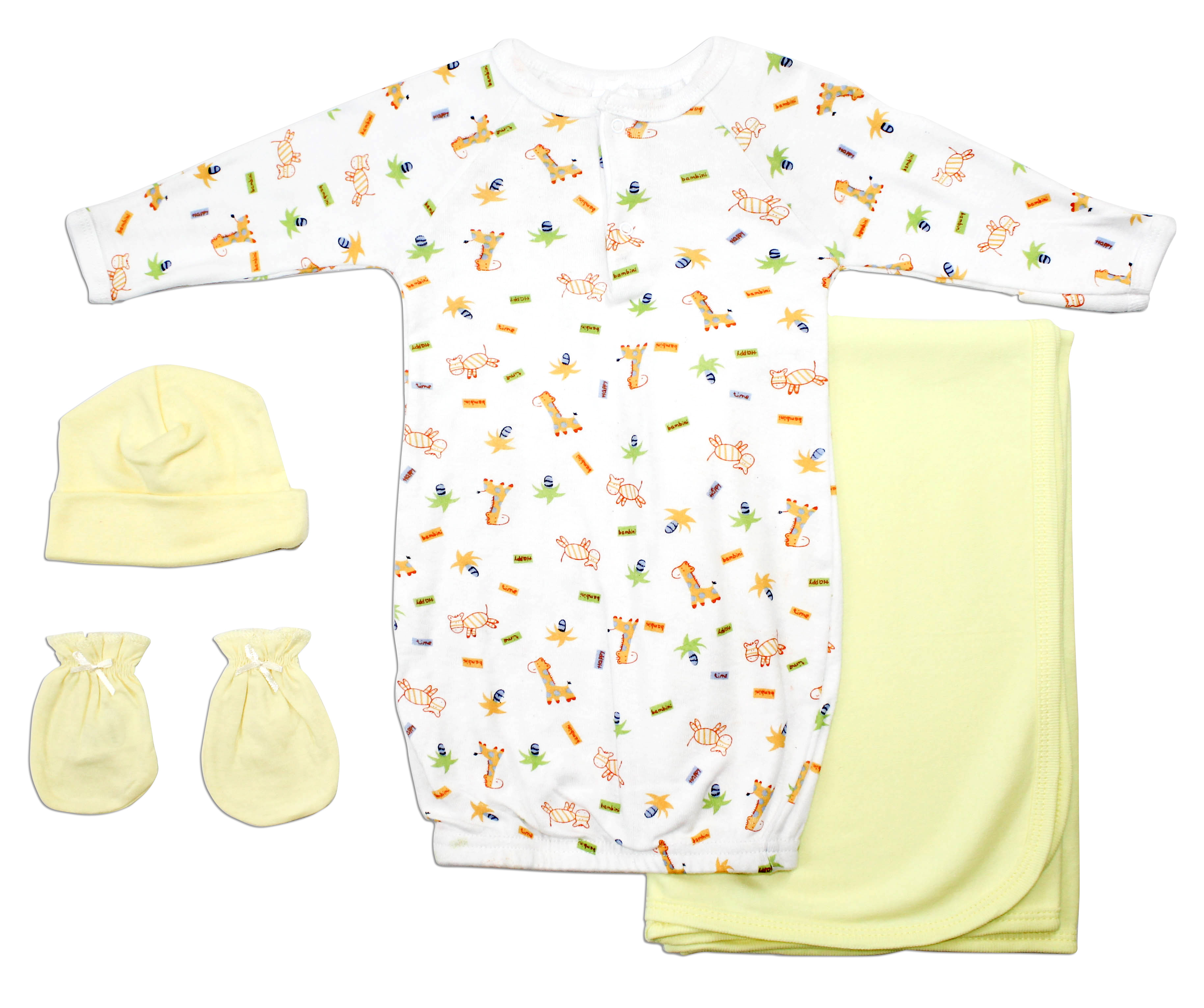 Bambini Girls' 4 Piece Layette Set featuring a gown, cap, mittens, and blanket in soft cotton fabric, perfect for newborns.