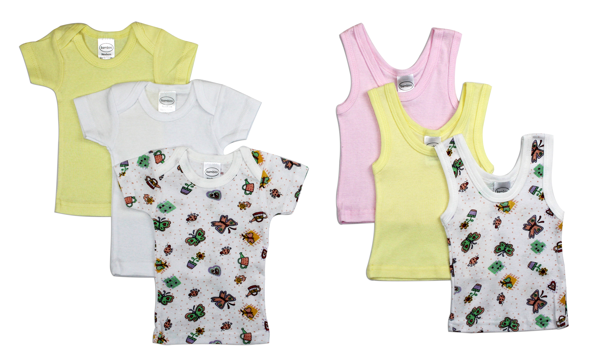 Bambini Girls' 6 Piece Layette Set featuring soft cotton t-shirts and tank tops in various prints, perfect for newborns.