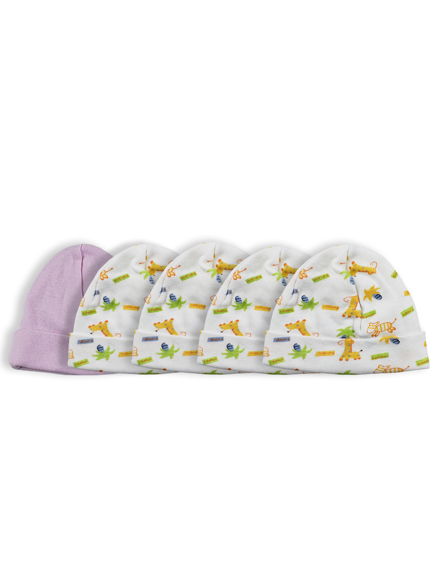 A pack of five Bambini girls baby caps in various colors, made from soft cotton, designed for infants.