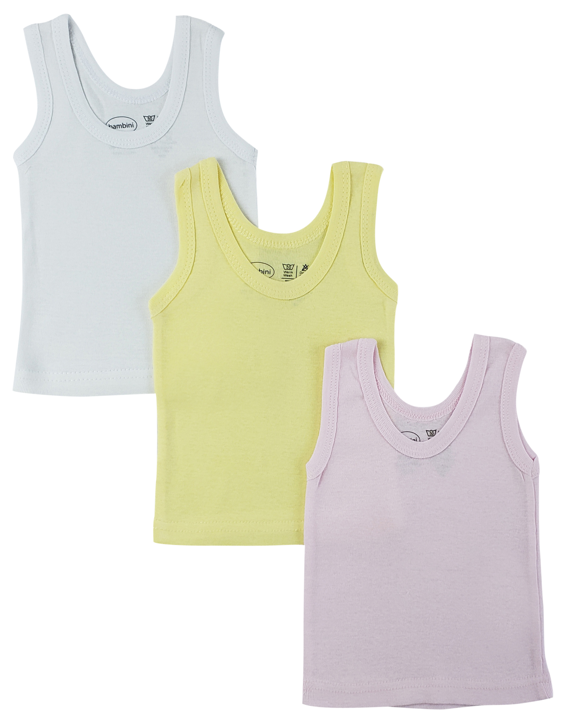 Three pastel tank tops for girls in soft cotton fabric, perfect for spring and Easter celebrations.