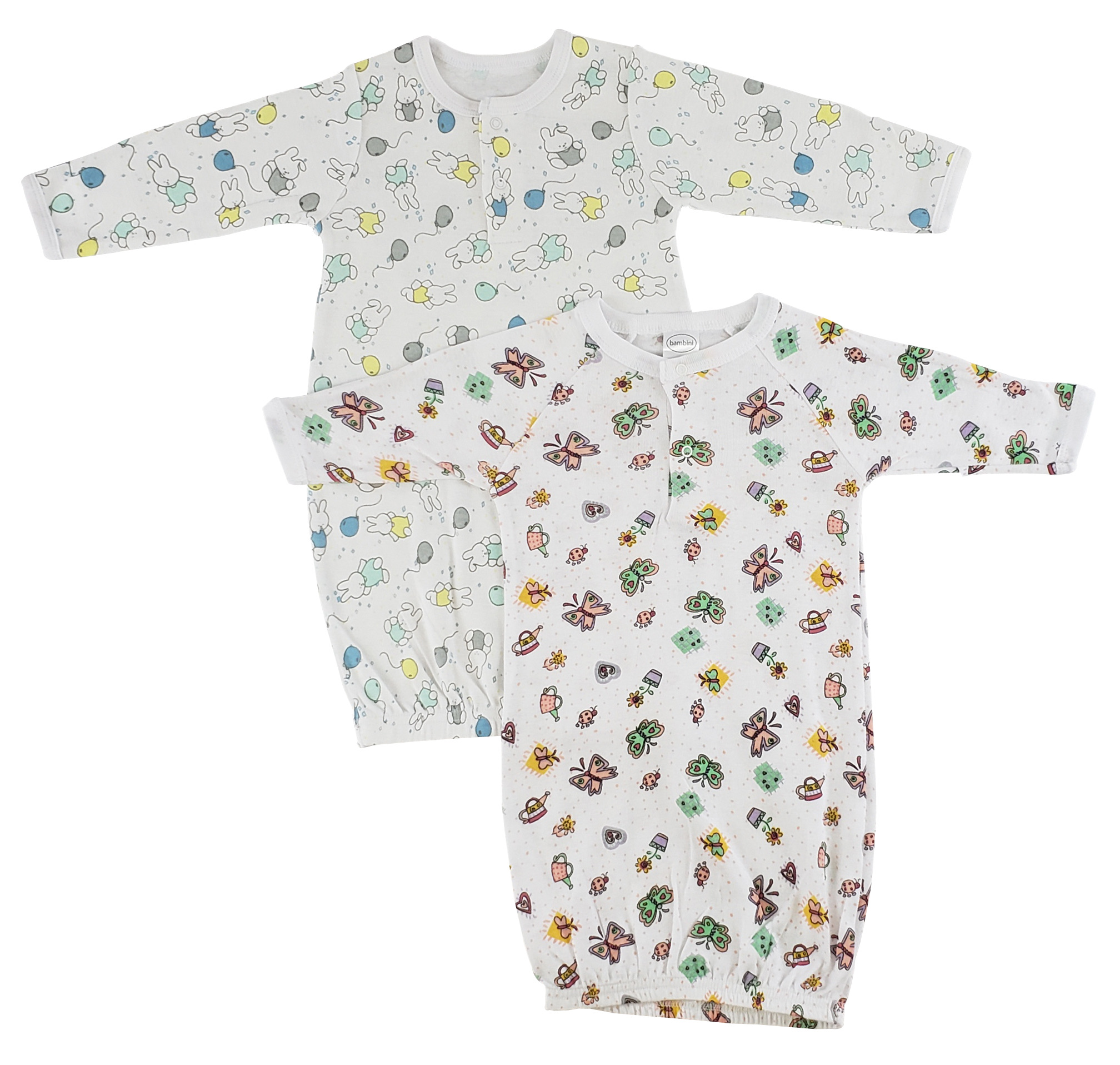 Bambini Girls Print Infant Gowns in various cute prints, featuring mitten cuffs and snap button shoulder neckline, perfect for newborns.