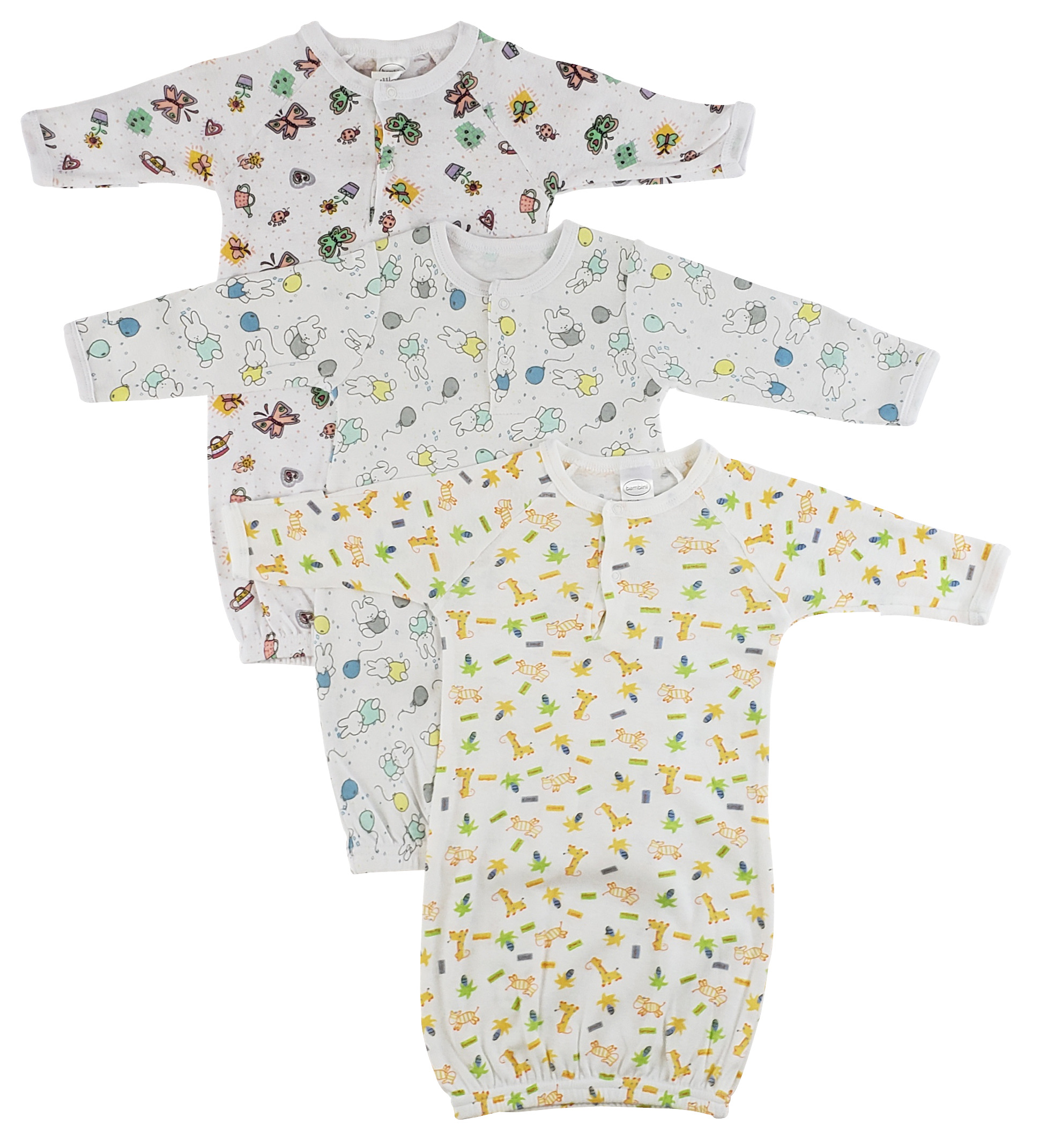 Bambini Girls Print Infant Gowns - 3 Pack featuring soft cotton fabric and colorful prints, designed for newborn comfort.