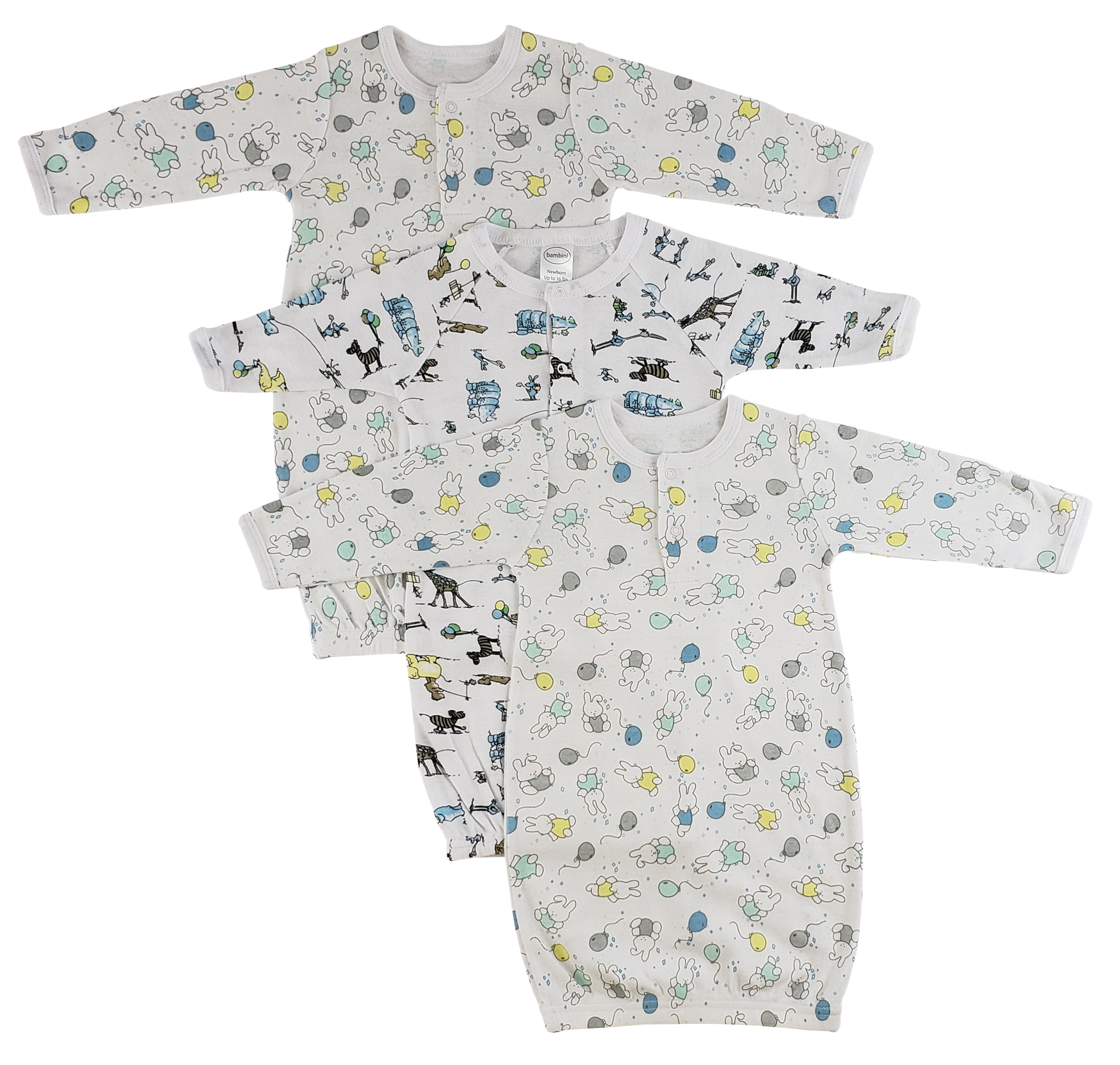 Bambini Girls Print Infant Gowns - 3 Pack featuring long sleeves and mitten cuffs, perfect for keeping newborns warm.